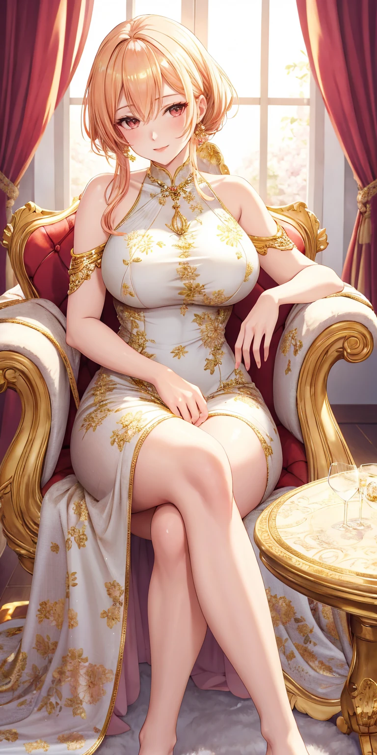 Beautiful German influencer, 21 years old, blonde hair with curlers, side part, green eyes, sitting on a sofa in a red dress, full body view. Brick wall behind the sofa. Viewed in profile and she leans back on the arm of the sofa. The sofa faces forward.