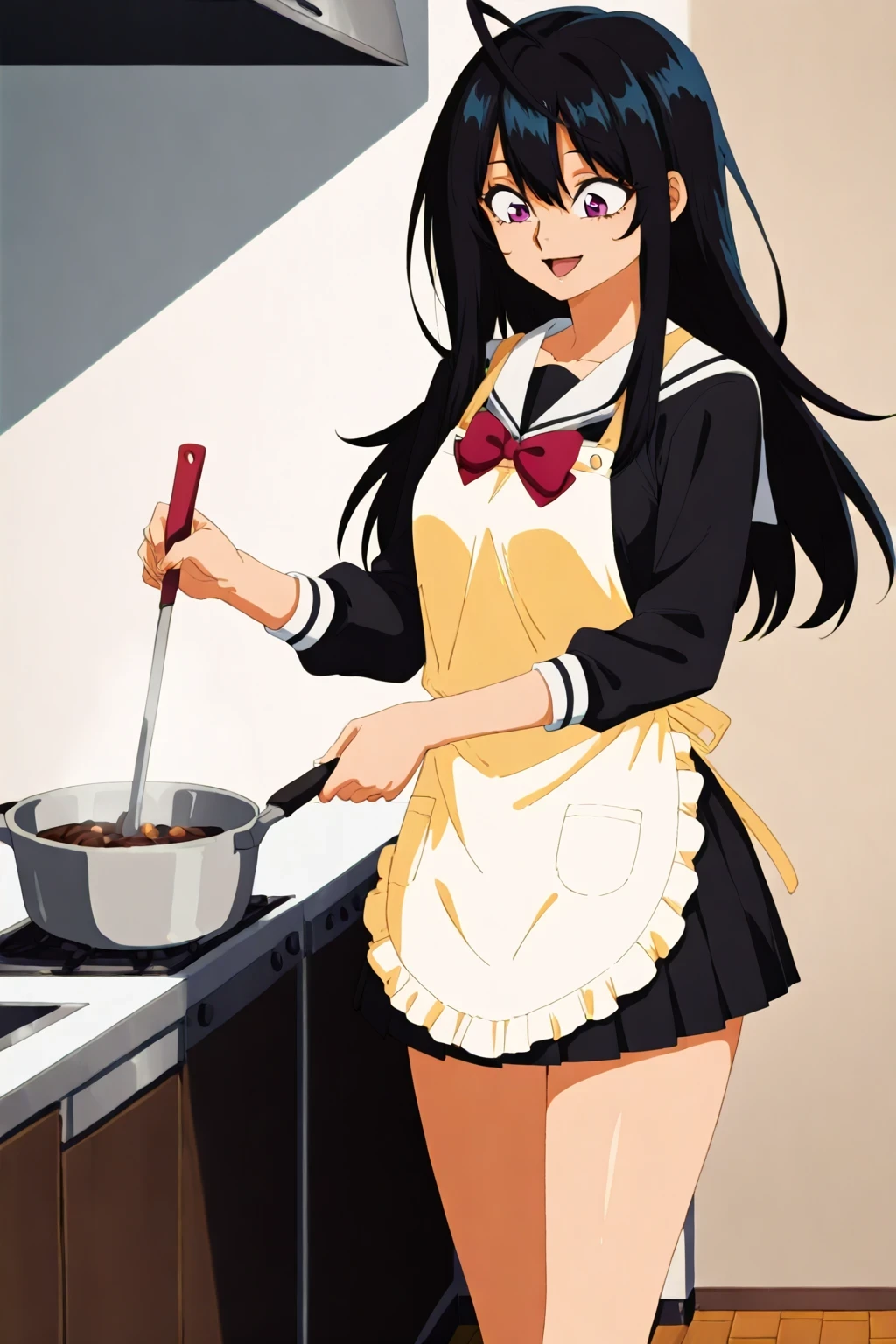 (1girl:1.5),
masterpiece,highest quality,Super detailed,32K,High resolution,an extremely delicate and beautiful,Official Art,Perfect Anatomy,
(Contrasting colors,octane rendering,Fully painted,anime coloring,anime screencap,Cel-shaded anime,retro artstyle:1.1),
perfect face,ultradeTailed eyes,beautiful,sexy,supermodel,athletic body,shiny skin,Dramatic light,(scale to fit the dimensions:1.2),((slightly narrow eyes:1.3)),
yonagi_kei,purple eyes,black hair,long hair,ahoge,school uniform,serafuku,red bowtie,black shirt,long sleeves,black pleated skirt,
(apron), cooking, kitchen,smile,open mouth