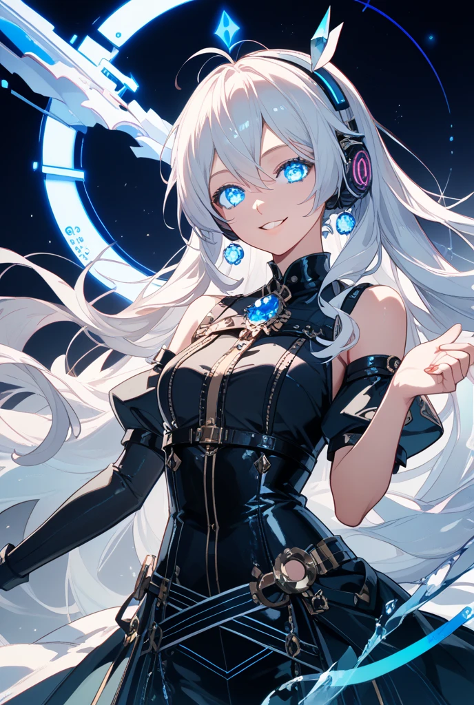The background orange is interlaced with blue，The girl with long, straight white hair turned her back to the camera and half turned to look at the camera，Round earrings，Kazilan's eyes widened，Messy hair，Blue pupil，The chest is slightly larger，Show some shoulders，The expression was a little surprised，The skin is white and smooth，