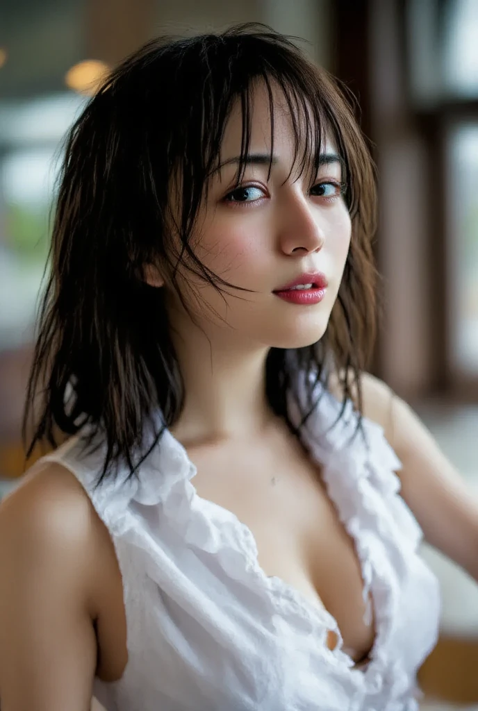 ((highest quality, 8K, masterpiece: 1.3)), Beautiful woman with perfect body in sharp focus, slim belly, ((layered haircut: 1.2)), (white shirt), (street: 1.2), Highly detailed face and skin texture, fine eyes, double eyelid, sexy, big breasts、black skin, tanned body, exposed shoulders, cleavage、sweaty、glasses、clothes with open chest
