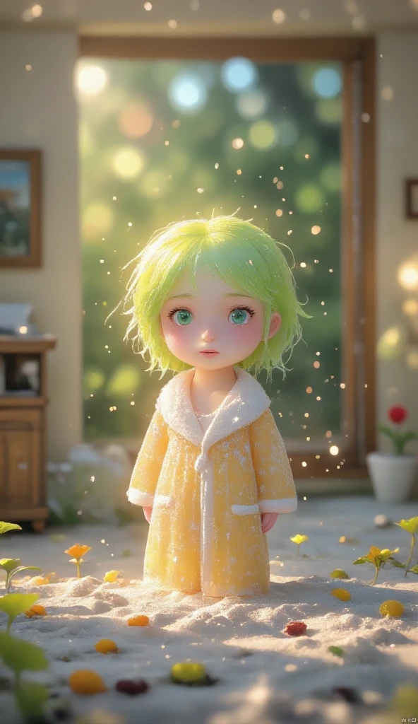 masterpiece, best quality, fix ultra detail, perfect ,1gail illustration, fantasy,((( Rain outside the window))),　A cute girl looks lonely,  crayon, solo, hand between legs,  short green hair, Star-shaped eyes, sad face, wearing pajamas, living room, on the bed, forest