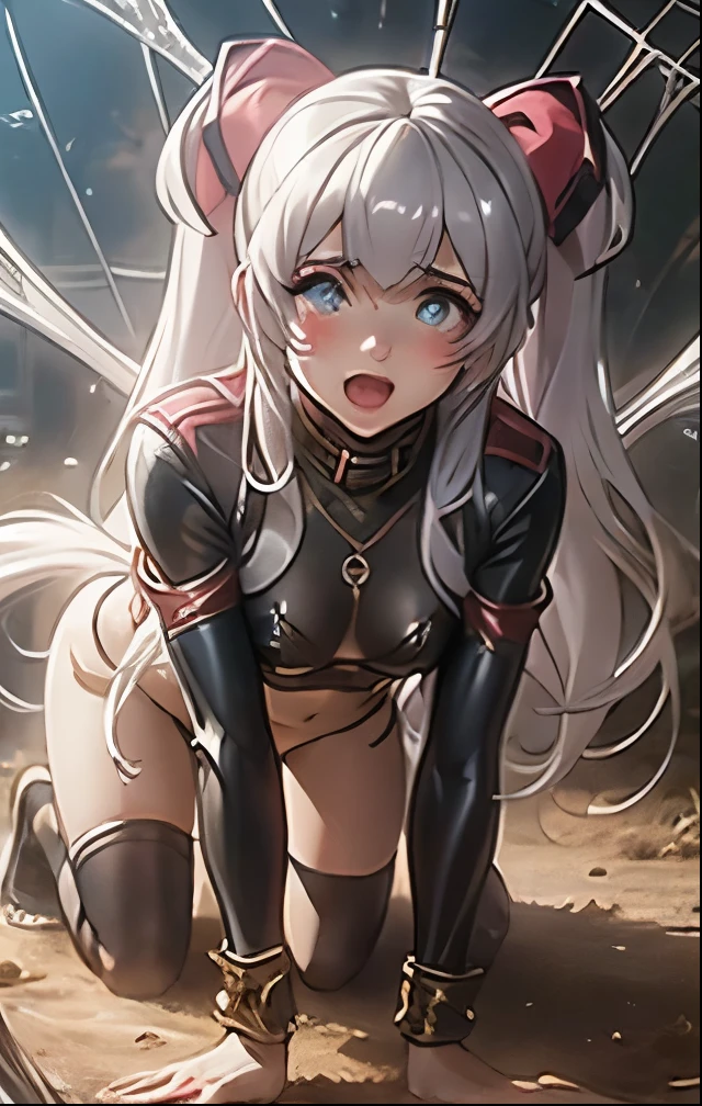 （（（ＳＦＷ、Highest quality、 first class masterpiece 、 Normal Body 、32k、  detailed face 、super precise、  normal hand、５refer to、Highest）））、Miles、mile、Adele von Ascham、Beautiful Girl、 Silver Hair、twin tail、Glowing Hair、beautiful breasts、slender、 slim、Petite、 can be used、Ripped and tattered navel high leg costume、large amount of thick thread、Get caught in a spider web、Swallow、spread your hands spider web bondage、spread both legs and spider-string bondage、on all fours、Frightened、fear、blushing and watery eyes、Puzzled、Giant creeping spider