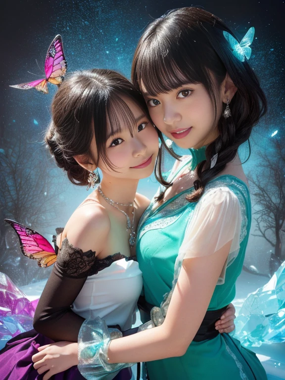 (Two beautiful teenage italian girls:1.6), Close friends, (They are hugging each other:1.2), Kiss her cheek or chest,(Detailed iridescent bodysuit with beautiful fractal or marble design:1.5)Incredible and spectacular scenes, ((High quality)), ((Detailed)), ((Fantasy)), Blue Plasma Brain, Green Plasma Body, Vulgarity, beutiful breast,  obscenity, (Lewd smile:1.2), coarse, Obscene, mean, (raunchy:1.2), (Immoral:1.2), Lachish, (small breasts with beautiful raised pink areolas:1.5), (Cameltoe), (Expression of ecstasy:1.2), Photorealistic, Official art, unity 8k wall paper, 8K Portrait, Best Quality, Very high resolution, (Incredibly beautiful nature background:1.6), (18 years old:1.5), (Sexy and glamorous:1.1), (A coquettish expression:1.6), (seductively smiling:1.6), (Full body), (erotic posing:1.6), (Model Posing:1.6), Beautiful seductive face, Portrait, (Thick eyebrows:1.4), (Big scarlet eyes:1.2), Beautiful eyes with fine symmetry, (Ultra detailed eyes:1.4), (High resolution blue eyes:1.1), Intimate face, (ultra detailed skin texture:1.4), White skin, pale skin, Perfect Anatomy, Thin, (Beautiful toned body:1.5), Hair Bow, (Moist skin:1.2), full of sweat, No makeup, (dark circles:1.1), Good anatomy, Focus Face, good-looking, (Emilia Clark:0.6) (Emma watson:0.3),(Jennifer Connelly:0.4), (sensual face:1.5), Elegant face, Nice, Dolce,  (Around her neck is a simple necklace of exquisite workmanship), (Bioluminescence with brilliant brilliance:1.4), (Luminous magic circle:1.5), Ruins of an ancient castle, Shining majestic cloud masses and sky, lightning bolt, Epic Realistic, (Greg Rutkowski:0.8), (teal and orange:0.4), (Art Station:1.5), Cinematic, (nffsw:1.5),  Hyper Detailed, Dramatic light, (Intricate details:1.1), Beautiful black hair,　(Wearing a gauntlet with a dense and very beautiful design decorated with jewels:1.1), small chest