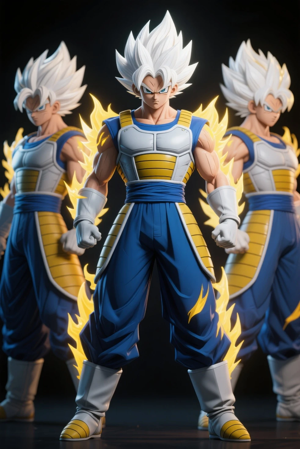 Goku, super saiyan, exquisite hair, arm depiction, white and blue hair body, exquisite shoes, eye depiction, exquisite hair, popmart blind box, clay texture, stepping on the land, black and white background, natural lighting, most good quality, super detail, 3D art, c4d, OC renderer, 3D rendering, 8k --auto --s2