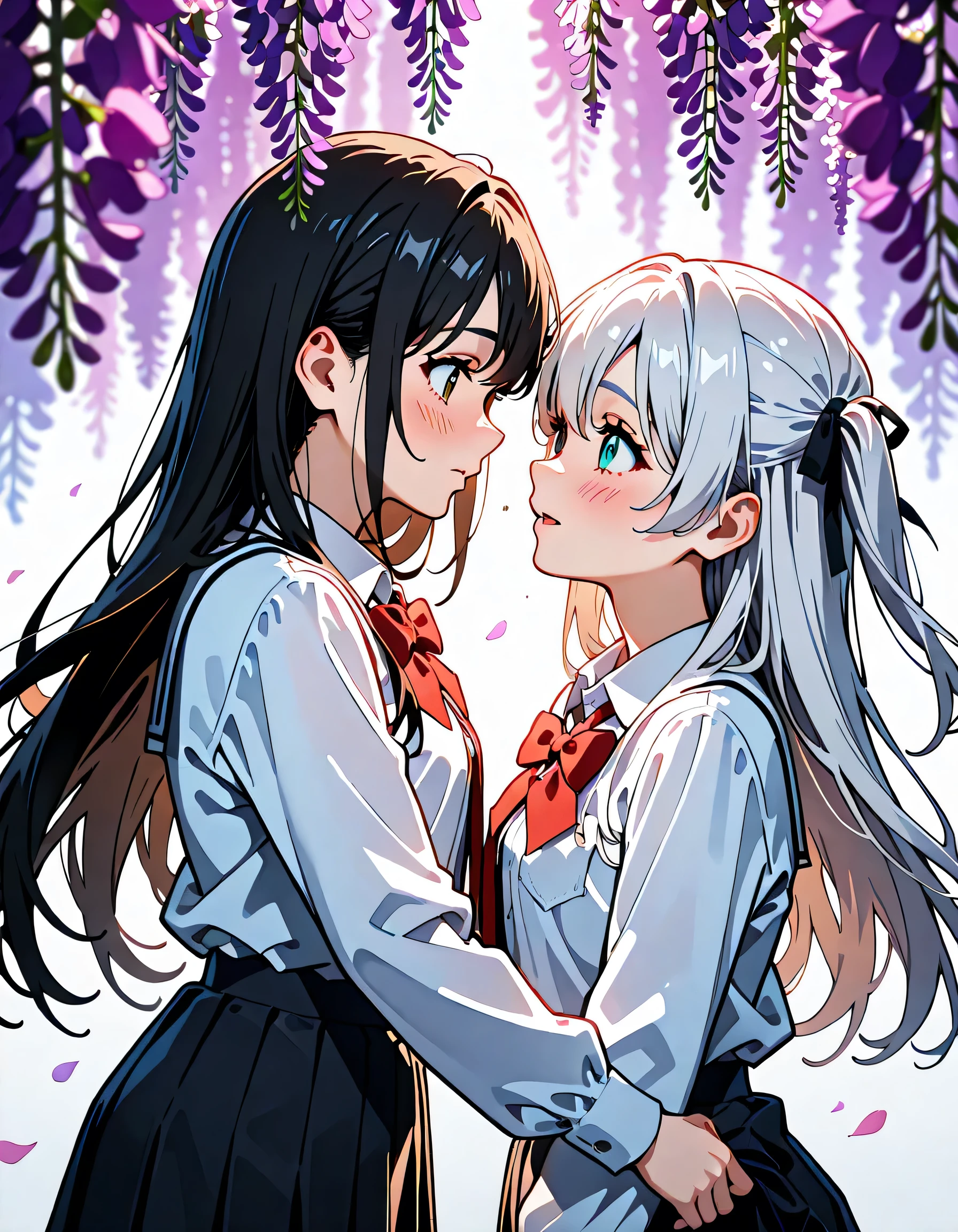 (score_9, score_8_up, score_7_up), source_Anime, absurd_res, white, blue, black, 2girls, duo, upper body, super fine illustration, an extremely delicate and beautiful, best quality, masterpiece, 8K, spring setting, wisteria flowers, gentle breeze, sunlight filtering through trees, (long silver hair), (two side-up), (blue eyes), ultra-beautiful girl, (long black hair), (half updo:1.2), brown eyes, (wearing glasses:1.2), (round eyewear:1.2), ultra-beautiful girl, blushing faces, surprised expression, embarrassed reaction, skirts lifting from sudden wind, hands desperately holding skirts down, dynamic pose, soft fabric movement, fluttering petals, warm and bright atmosphere, soft lighting, delicate color palette, detailed clothing folds, flowing hair, lively spring vibe, highly detailed rendering, breathtaking composition,
