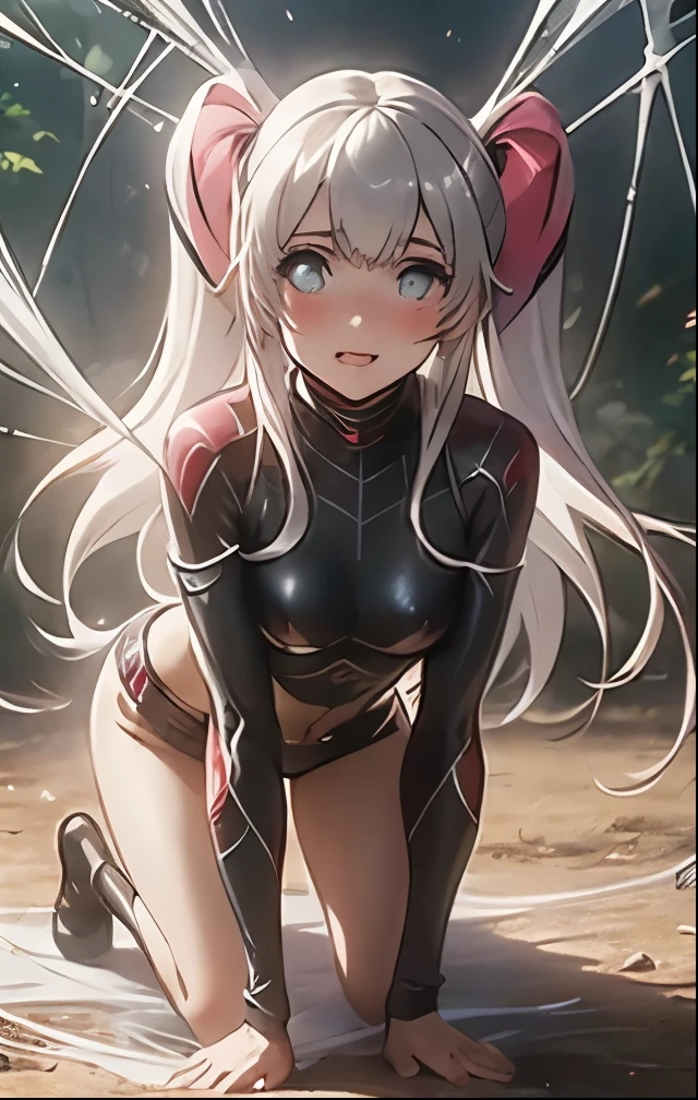 (((SFW、Highest quality、 first class masterpiece 、 Normal Body 、32k、 detailed face 、super precise、 normal hand、5refer to、Highest)))、Miles、mile、Adele von Ascham、Beautiful Girl、 Silver Hair、twin tail、Glowing Hair、beautiful breasts、slender、 slim、Petite、 can be used、Ripped and tattered navel high leg costume、large amount of thick thread、Get caught in a spider web、Swallow、spread your hands spider web bondage、spread both legs and spider-string bondage、on all fours、Frightened、fear、blushing and watery eyes、Puzzled、Giant creeping spider