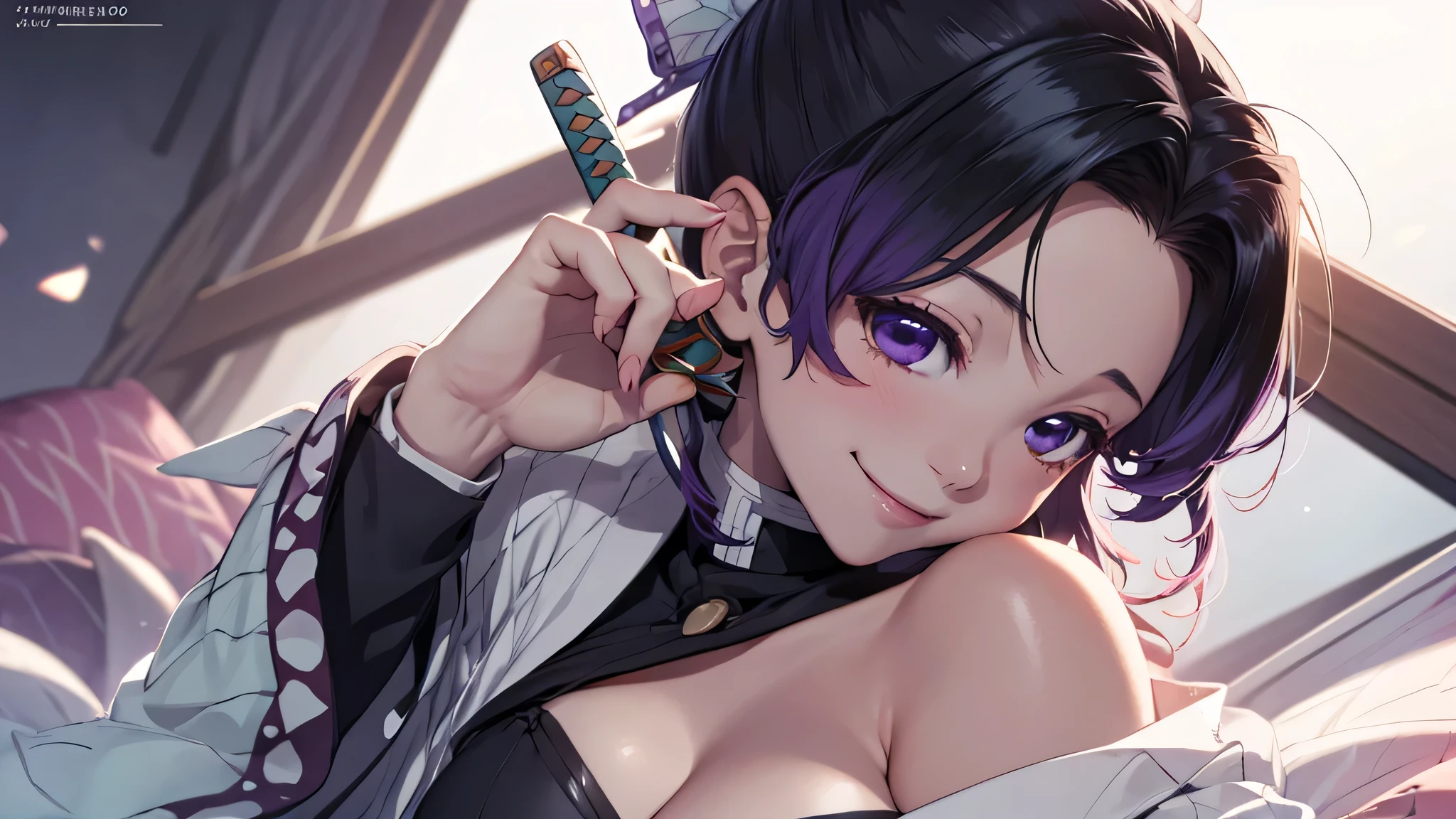 Ultra-realistic 8k CG，master piece，（（super detailed background，delicate pattern，intricate details）），best quality，非常に非常に詳細なface，非常に詳細な目とface，very fine eyes，Kocho Shinobu，colorful hair，No bangs，hair intake，purple eye，torn haori，butterfly，Torn band，（tropical garden：1.2），purple flower，mostly cloudy null，Moonlight，Tyndall effect，Slope_null，face，beautiful null，saber on waist，Sensual posture，（big breasts:1.3)，（cleavage:1.3)，（off shoulder outfit:1.6)、BDSM（chain with chain、Bondage with chains、shackles、fetters、Triangle horse、Triangle horseに騎乗、bite、Bondage on the back、fettersに鉄球）、nipple露出、nipple勃起、nipple見え、nipple、Mansuji、Ball gag、Mouth shackles、Drool、saliva