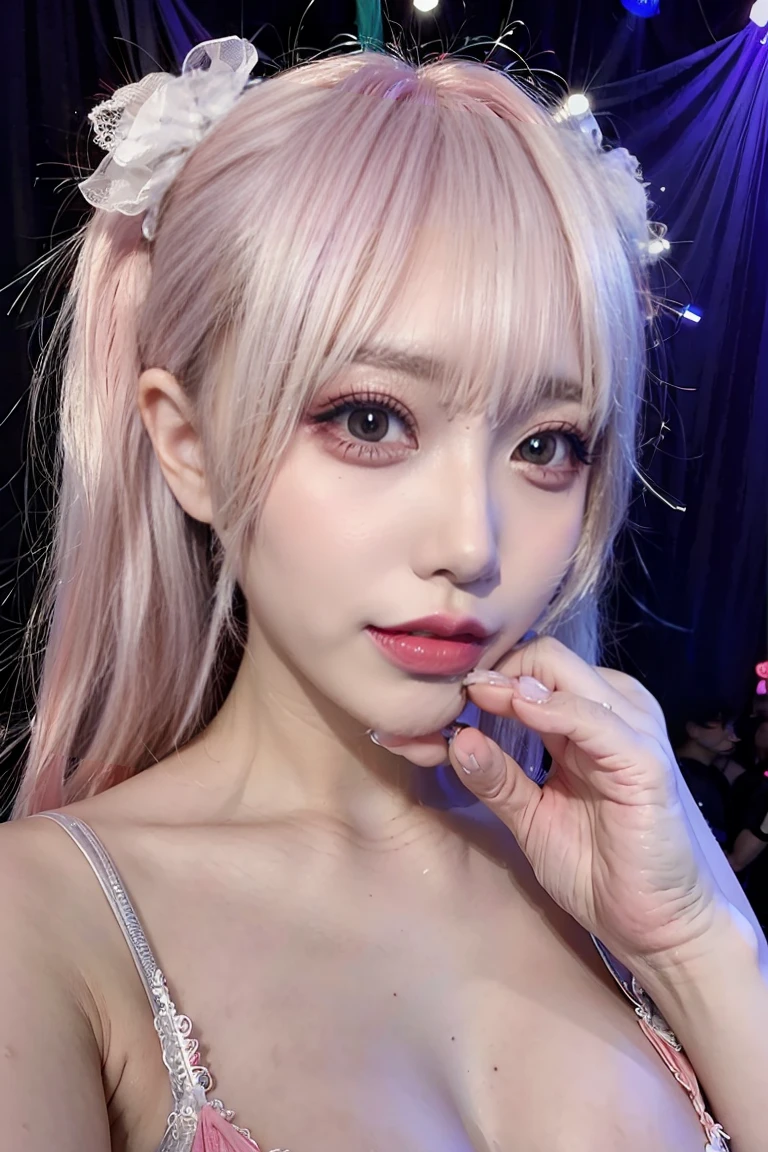 highest quality、masterpiece、Ultra-high resolution、(Photorealistic:1.4)、RAW Photos、(A girl tied to a machine)、13 years、Shiny platinum hair、Embarrassed look、Glowing Skin、((Ultra-Realistic Details))、Portraiture、Global Illumination、Shadow、Octane Rendering、8k、Ultra Sharp、Big Breasts、Cleavage、(Exposed bare skin underbust:1.4)、(White latex micro bikini without strings:1.4)、Upper arm chain、Very intricate detail、Realistic Light、Trends of the CG Association、Purple eyes、Shining Eyes、To the camera、Neon Details、Sit on、Futuristic hair accessories、Gundam、Small LED Lamp、Purple neon lighting、Green neon lighting、, Showing your underarm hair, hard nipples erect:1.4, nipples pointing up:1.4,