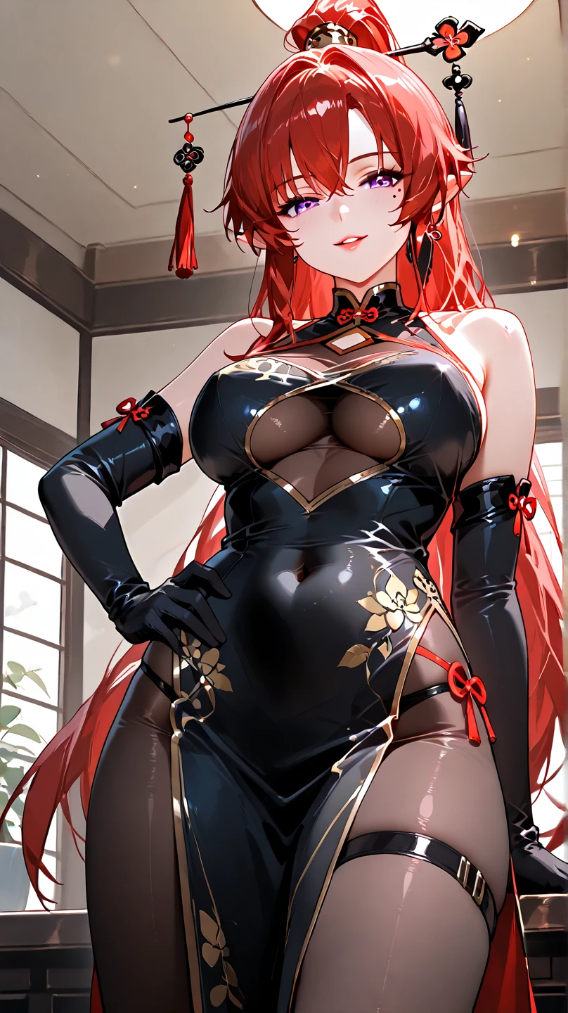 absurd res, high res, (masterpiece:1.4), ultra-detailed, 1girl, from above, space, floating, Chinese dress, red dress, stockings, red hair, blue eyes