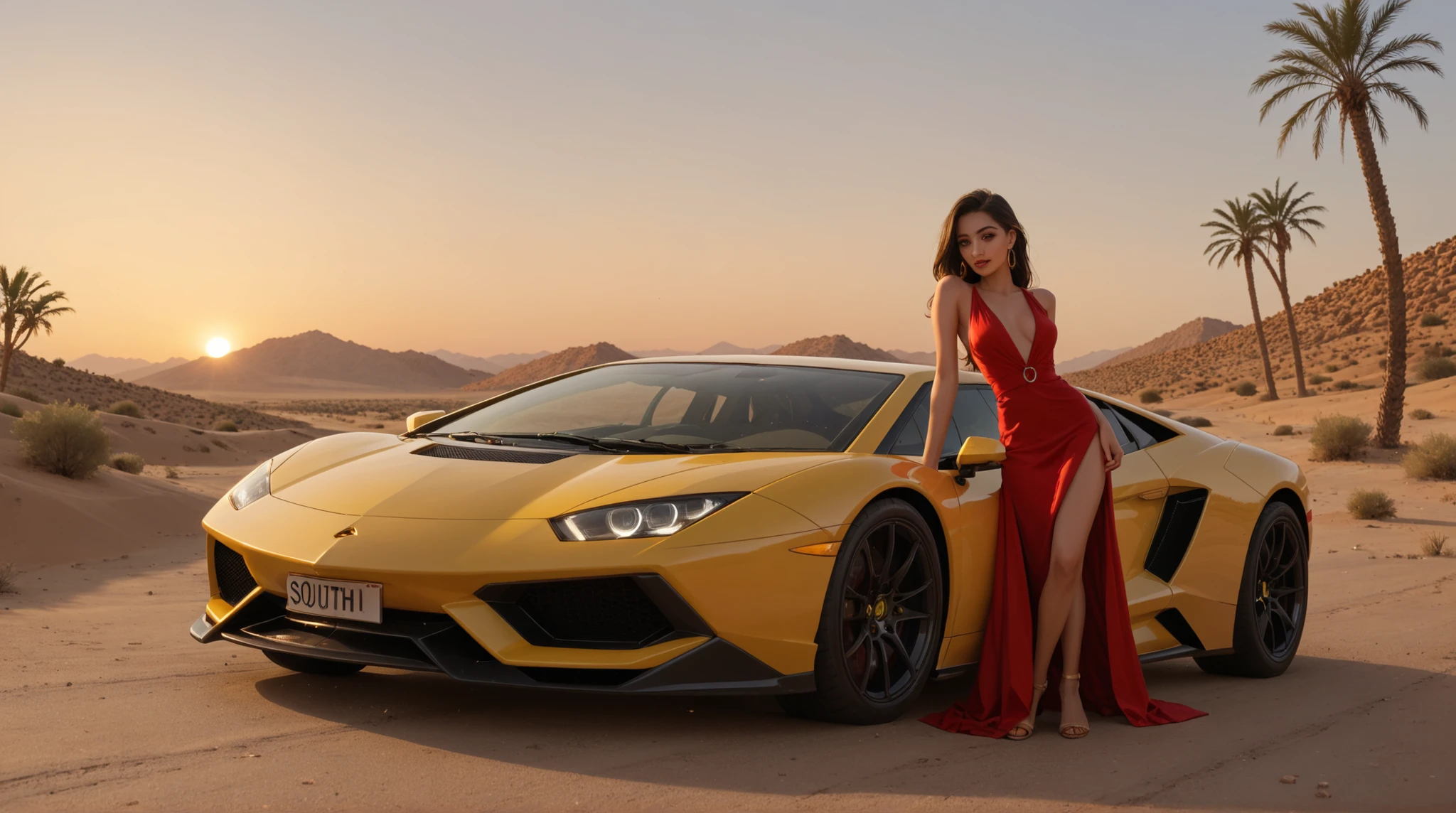 A South Asian woman in a red short dress standing confidently in front of a yellow Lamborghini with doors up. A stylish man leans on the car. The backdrop is a golden desert at sunset.
