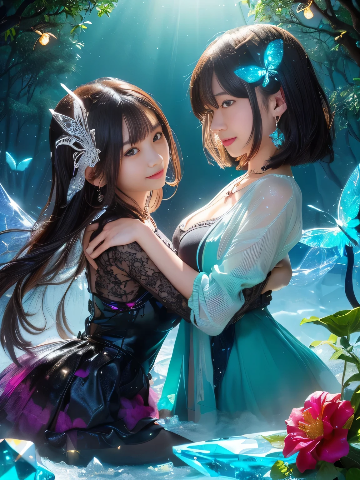 ((( It features an origami sculpture of an intricately folded butterfly , fireflies, 、A flower that emits graceful light . This scene、It captures a dreamy atmosphere where the boundary between the fairy world human creations is blurred, The surreal fusion of vibrant nature technology、makes viewers think about the harmony between organic beauty man-made objects )))、(((blue white abstract background with lots of diamonds, Crystallization化した, Crystallization skin, Rom Posing Shot, Sparkling Crystals , シロナガスクジラのCrystallizationテクスチャー, Crystal Cubism, 青いCrystallization, Crystallization粒子, Facet, Crystallization, Diamond Texture , Fractal Details Diamond Skin, glowing ice , Facet, Crystal Fragment , Crystallization edges)))、(((lesbian couple shot 3.0)))、(((best quality、highest resolution、masterpiece、8k)))、(((detailed face)))(((cute face)))(((babyface)))(((Young contour)))(((Lovely Eyes Nose)))、((( Blizzard 10 )))((( model body type )))(((Perfect Podiline)))、(((big breasts 1.0)))、(((long straight hair)))、 ((( Flannel Shirt ,tunic)))((( ruby necklace and wing earrings))). (((smile)))、((( dynamic pose 2.0)))((How lesbian couples sit classy))(((artistic elemental art 2.0)))(((two girls hugging skin 2.0)))