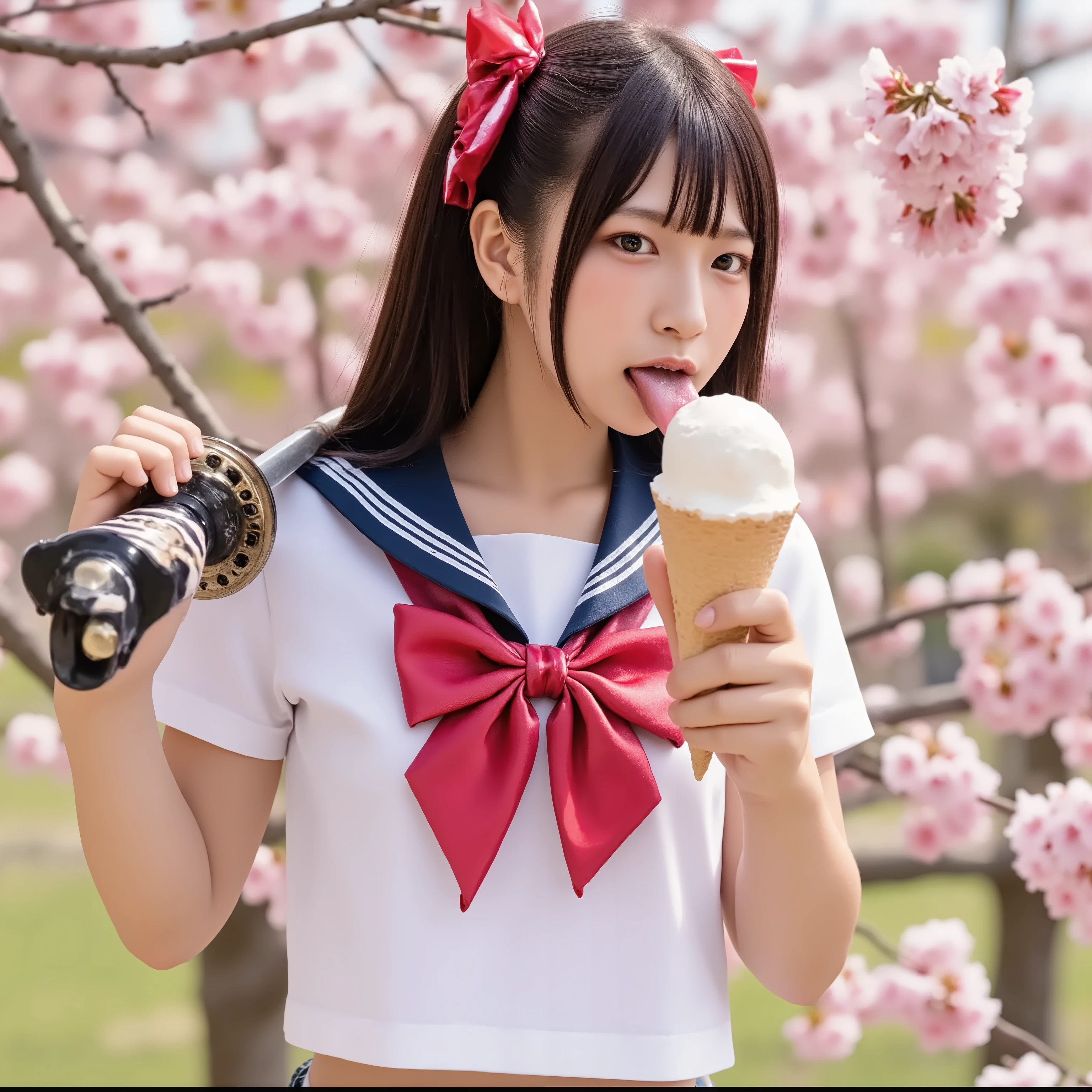 has a large red ribbon on her head,anatomically accurate hand , wears a white long-sleeved sailor suit with a red bow attached to the center of her head, carries a long Japanese sword on her shoulder, sticks out her tongue and licks soft serve ice cream,black hair.  dark eyes,   hair up to the shoulders, medium hair, cinematography  , reality,    realism,     very detailed ,   Anatomically Accurate 5 Fingers   ,  disdainful expression ,20 years old, Cherry blossom background in full bloom ,  1 girl ,in the wind, in Kura,Has soft serve ice cream on her tongue,