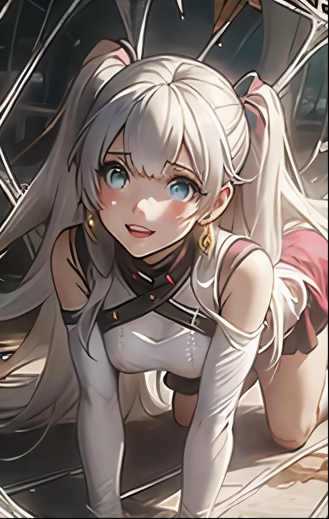 (((SFW、Highest quality、 first class masterpiece 、 Normal Body 、32k、 detailed face 、super precise、 normal hand、5refer to、Highest)))、Miles、mile、Adele von Ascham、Beautiful Girl、 Silver Hair、twin tail、Glowing Hair、beautiful breasts、slender、 slim、Petite、 can be used、Ripped and tattered navel high leg costume、large amount of thick thread、Get caught in a spider web、Swallow、spread your hands spider web bondage、spread both legs and spider-string bondage、on all fours、escape、Frightened、fear、blushing and watery eyes、Puzzled、Giant creeping spider