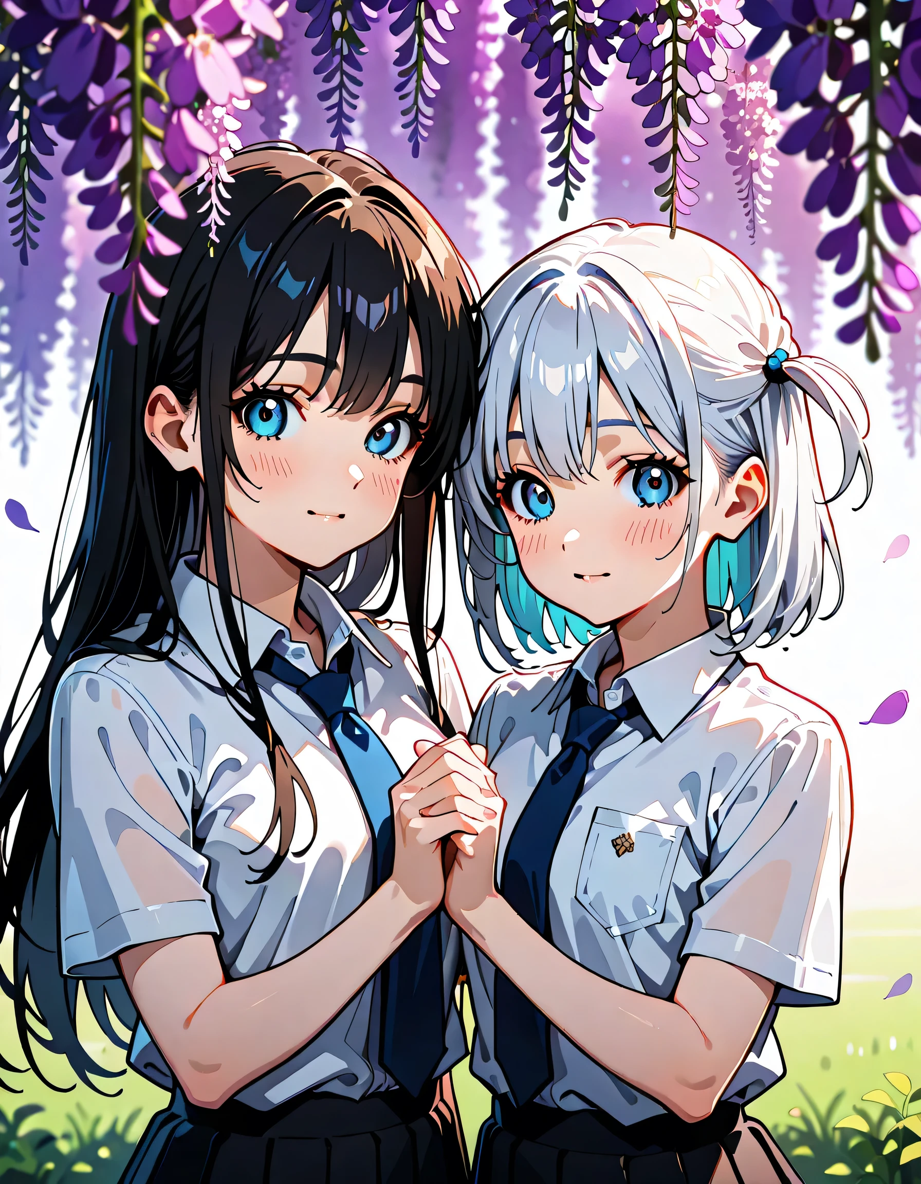 (score_9, score_8_up, score_7_up), source_Anime, absurd_res, white, blue, black, 2girls, duo, upper body, super fine illustration, an extremely delicate and beautiful, best quality, masterpiece, 8K, spring setting, wisteria flowers, gentle breeze, sunlight filtering through trees, (long silver hair), (two side-up), (blue eyes), ultra-beautiful girl, (long black hair), (half updo:1.2), brown eyes, (wearing glasses:1.2), (round eyewear:1.2), ultra-beautiful girl, blushing faces, surprised expression, embarrassed reaction, skirts lifting from sudden wind, hands desperately holding skirts down, dynamic pose, soft fabric movement, fluttering petals, warm and bright atmosphere, soft lighting, delicate color palette, detailed clothing folds, flowing hair, lively spring vibe, highly detailed rendering, breathtaking composition,