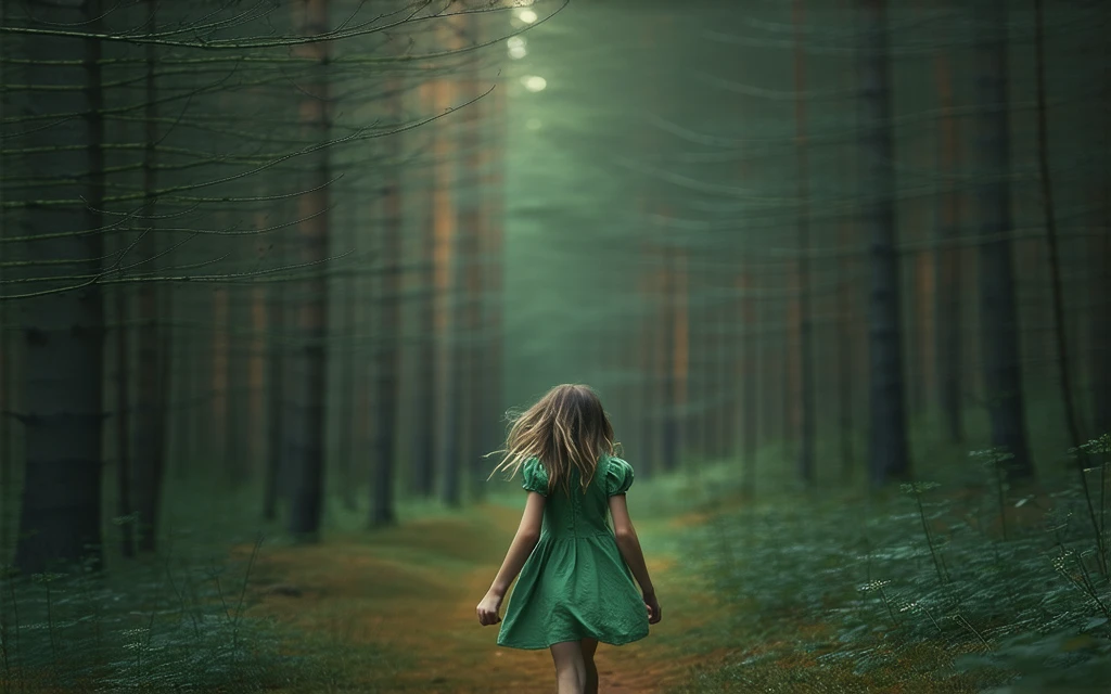 A girl enters the forest:
"Picture of a five year old girl with long blond hair, standing at the edge of a dark and dense forest. There is a mixture of surprise and determination on her face.. Fireflies hover around the girl, creating a magical atmosphere. The forest is dense and dark, trees tall and dark, with dense foliage, through which the light barely breaks through. The girl is dressed in a light dress, which contrasts with the dark background of the forest."