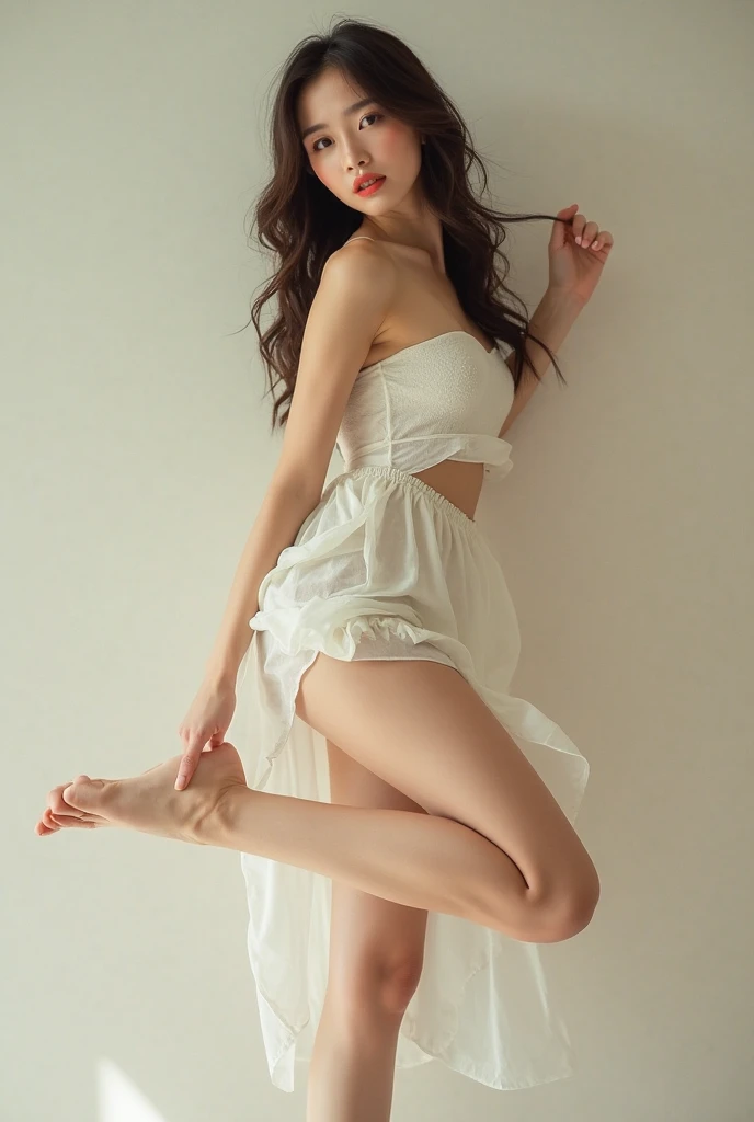 full body shot, real, Photo of a sexy Ukrainian girl wearing a red and sexy dress, standing in front of a white wall, she has an attractive face, fair white skin, beautiful brunette hair, beautiful hot lips, beautiful and very sexy. She spreads her legs gracefully, the fabric of her dress slipping to reveal a seductive view of her smooth, shapely ass. looking at the audience. Bare ditch. masterpiece, delicate, textured skin, Super details, high quality, high details, best quality, Award Winning, high resolution, 160 mm, HD.
