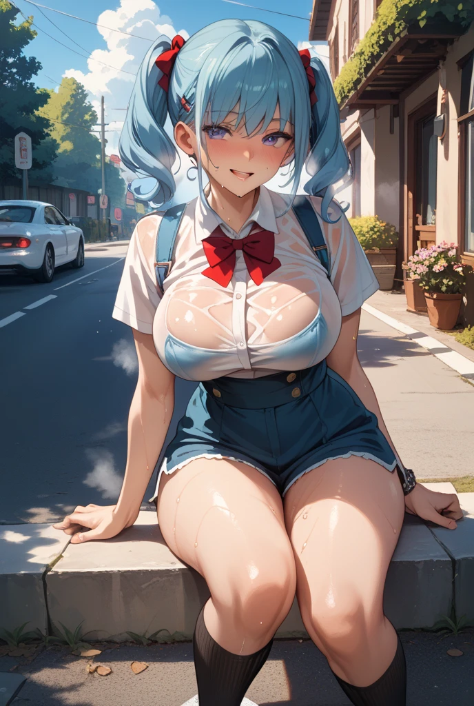 masterpiece, Highest quality, High Resolution, HS1,blush、smile,NSFW、Balcony、Big Breasts、Ponytail、Blue Hair、blouse、Glasses、