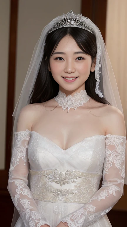 (masterpiece), Highest quality, Highest quality, Highly detailed CG Unity 8K wallpapers, original, High resolution, (Depth of written boundary: 1.5), Faithfulness: 1.3, chest, bride portrait style, 1 person, curtain, Veil , bridal Veil, Wedding dress, curtain, jewelry, alone, Earrings, teeth, bride, black_hair