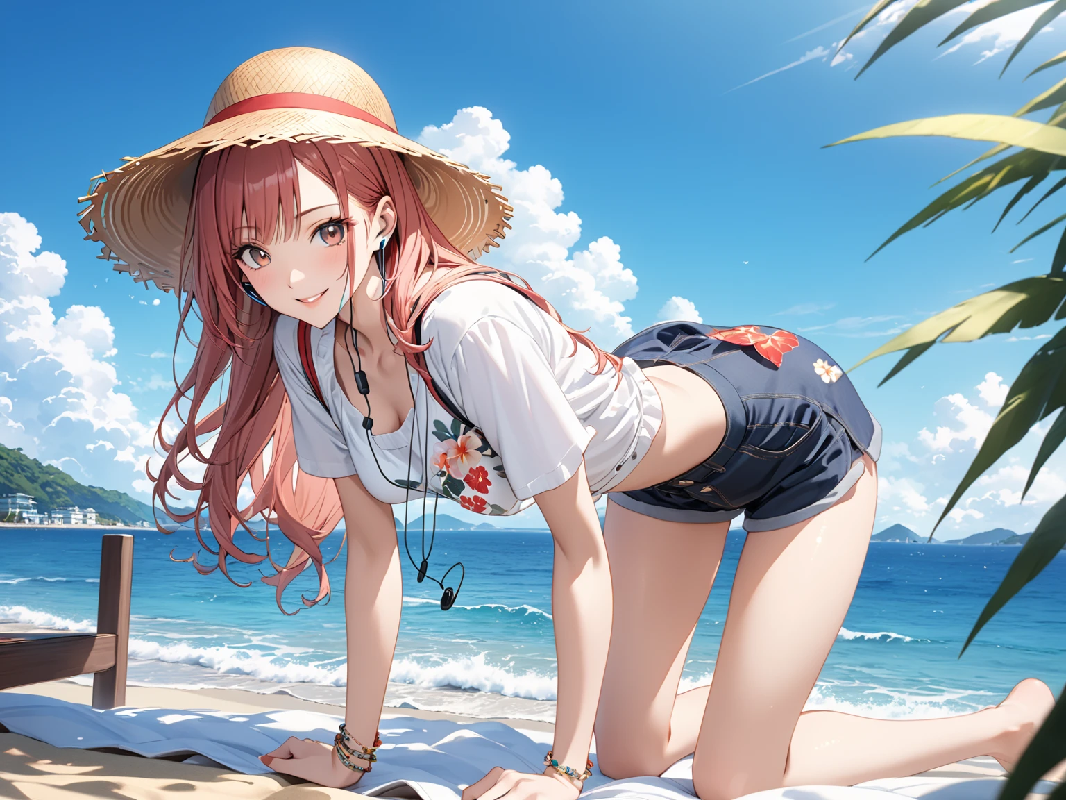 God Quality, Anime Moe Art Style,Best Anime 8K Konachan Wallpaper,Amazing Anime 8K,Perfect Anatomy, (Draw a girl walking on the beach wearing an off-the-shoulder bikini). break, One girl, (alone,,,12 years old:1.5),(Translucent white skin), Complete limbs, Full Finger, Long Hair, Brown Hair,Flat Chest, Small Ass, between legs, Small eyes,Beautiful detailed red eye,ponytail, anklet, Sun hat, on a rural beach. break,Super detailed,High resolution,Highly detailed skin, Professional Lighting,(Cool and cute illustrations:1.2),