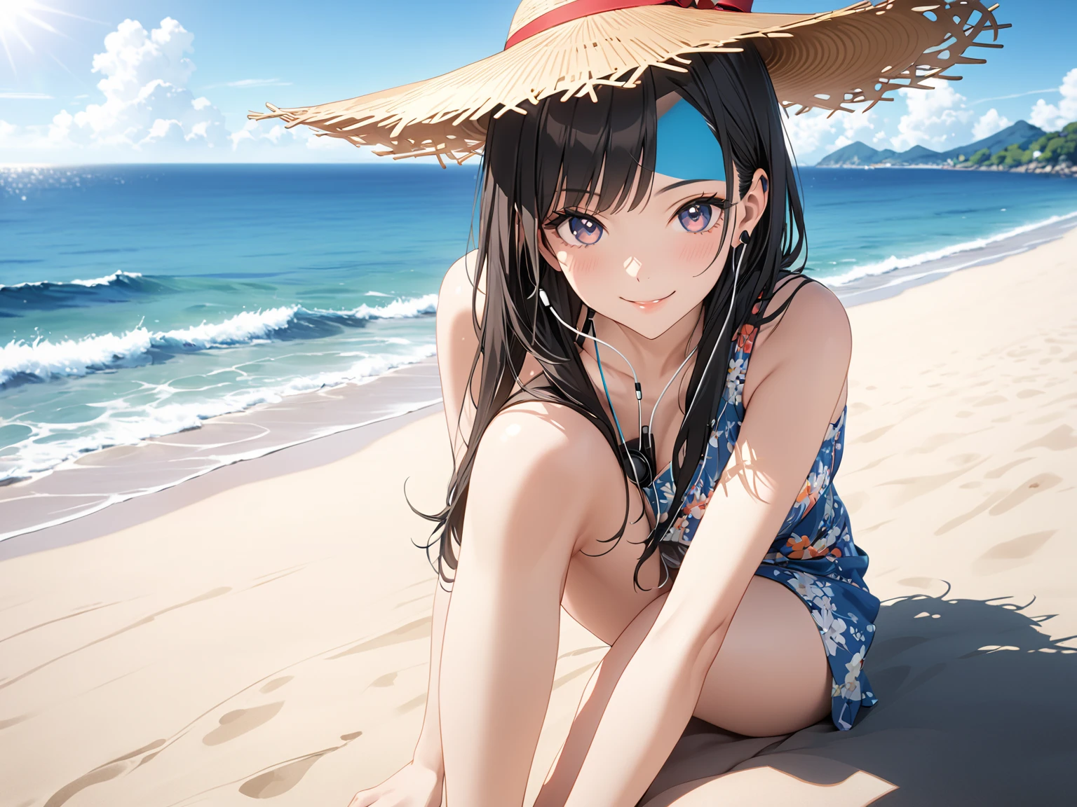 in 8K、top-quality、masterpiece、ultra-detailliert、Ultra-high resolution、Anime style、1人の女性、Mid summer、White sandy beach、the beach、white tank tops、a straw fedora hat