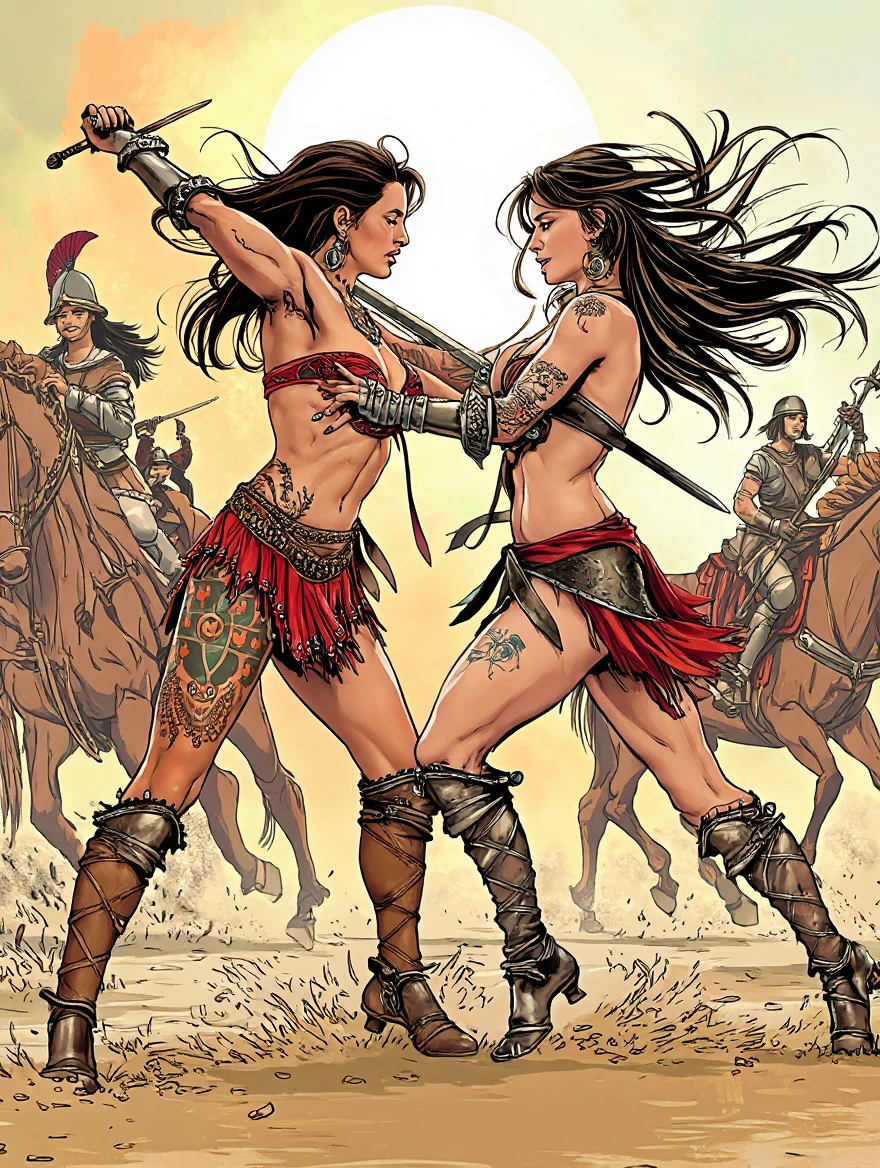 2girls, female barbarians, miniskirt, black hair, full body shot, , romance, clyde caldwell