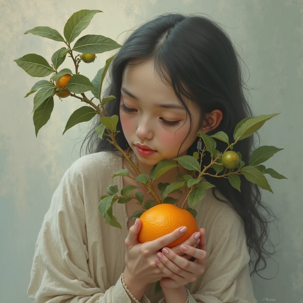 botanical art, plant encyclopedia, a Japanese girl, straight hair, naked, standing, fruits, gentle smile