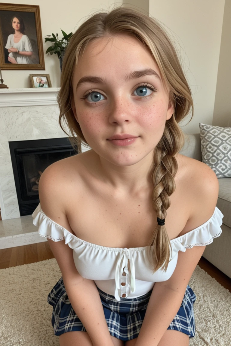 big breasts, black stockings, blue eyes.