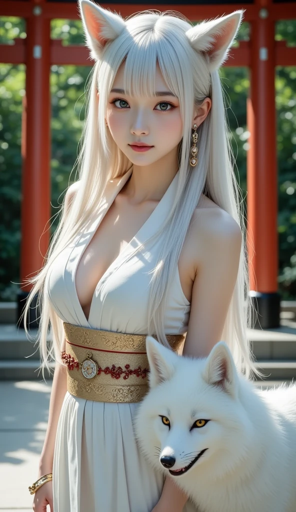 Hide in the ancient shrine、Hair flows、 ((highest quality、masterpiece、8k、best image quality、ultra high resolution、Award-winning work)、(accurate anatomy:1.1)、(look at me and smile:1.1)、Shining fair skin with ultra high resolution、most detailed face、ultra high resolution detailed face、ultra high resolutionの髪の毛、(ultra high resolutionの煌めく瞳:1.1)、Beautiful face drawn in every detail、(blurred background:1.1)、ancient shrine maiden clothes, chest together, tattoo、white fox aside