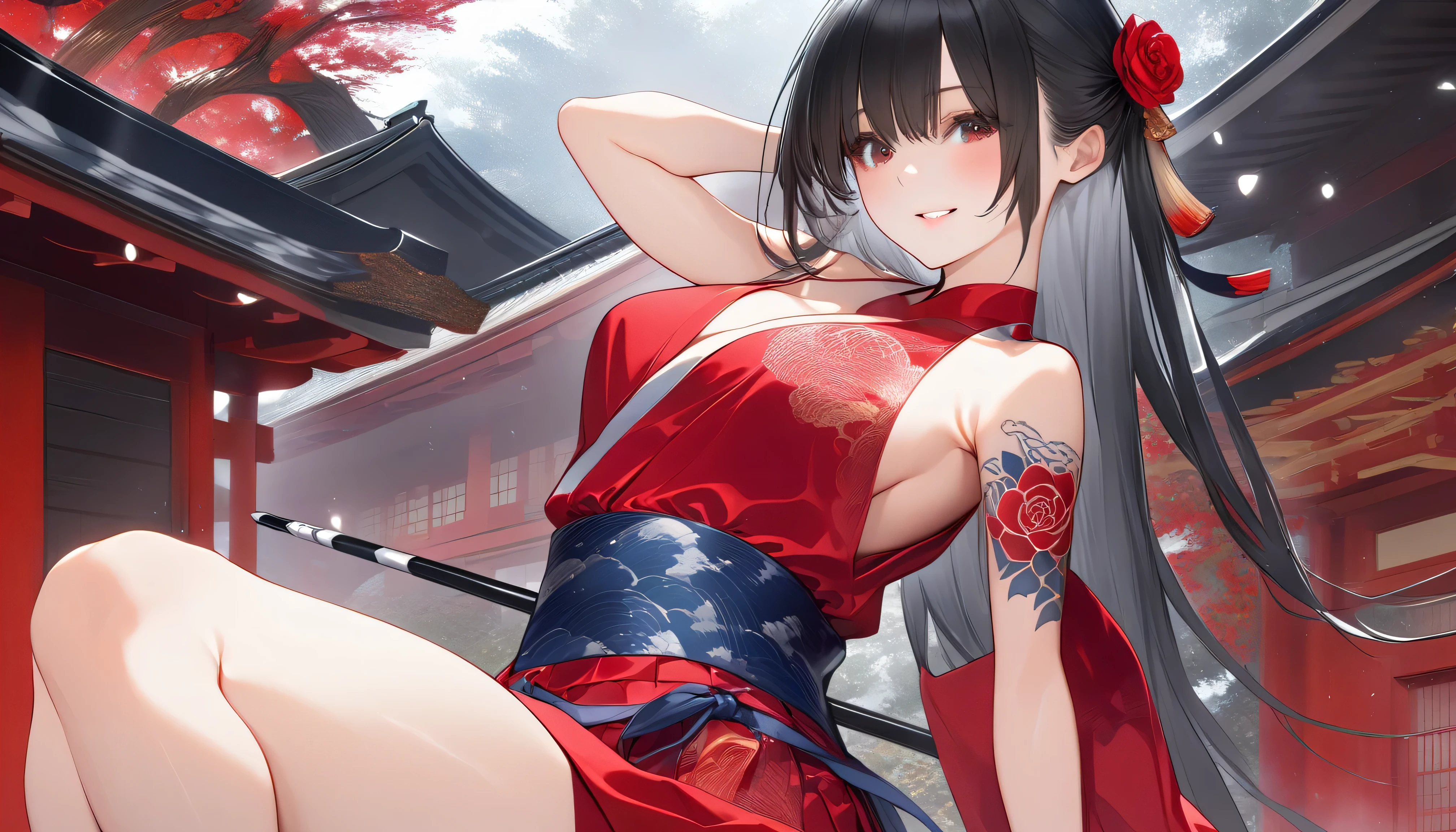 During the day when it rains,Background of Kyoto lined with Japanese temples,A goddess similar to a cute Japanese woman,She wears a bright red rose-colored dress,and a tattoo with a geometric pattern shines on her chest,長いblack hairの髪が風に流れ,A goddess similar to a cute Japanese woman, has a long spear in one hand , has a mysterious and noble atmosphere ,Legs grow slender and long ,masterpiece,best quality,insanely detailed, ((Above the waist),(1 girl), (black hair:1.2),((Make the background bigger:1.3)),((smile:1.1))