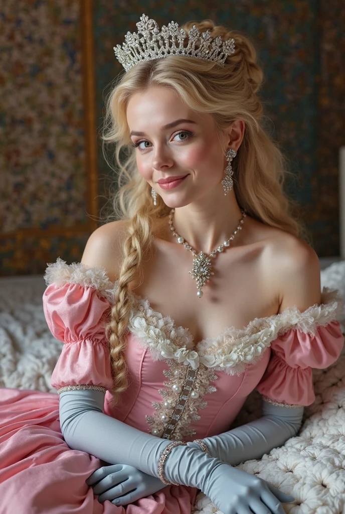 White Blonde hair, fluffy hair, stylish hair, long hair, lilac eyes, perfect eyes, beautiful, perfect face, tween, , short, kind, curvy, a flowing pale airy gown with ruffles along the bottom with tiny pink flowers and gold dragon embroideries with flowers, Her tiara had a pretty teal gemstones, silver necklace, noble class, royal, royalty, red castle, feasting hall, medieval, elegant surroundings, soft dewy makeup look, light peach blush, soft tan eyeshadow, light coral lipstick, cutesy, girlish, girly, guileless, ingénue, princess , whimsical lighting, Targaryen, dragons in the sky, photorealistic
