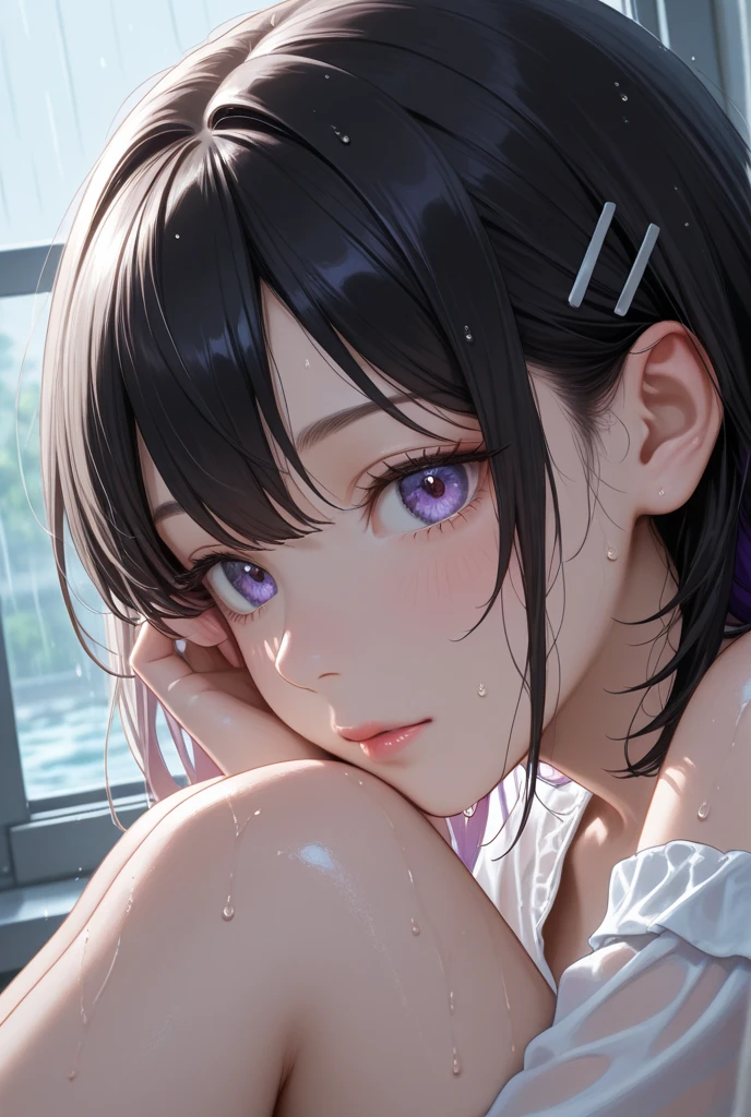 A girl with purple tinted black hair with magenta colored eyes, medium hair with a butterfly shaped pin and big breasts bathing anime style