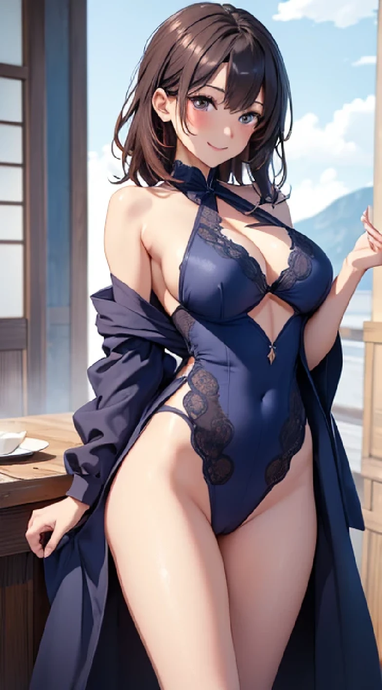 anime woman, brunette hair, blue eyes, middle part, dressed in only a sheer black night lingerie robe, thick body, mature, large breasts, nipples, mysterious, in love