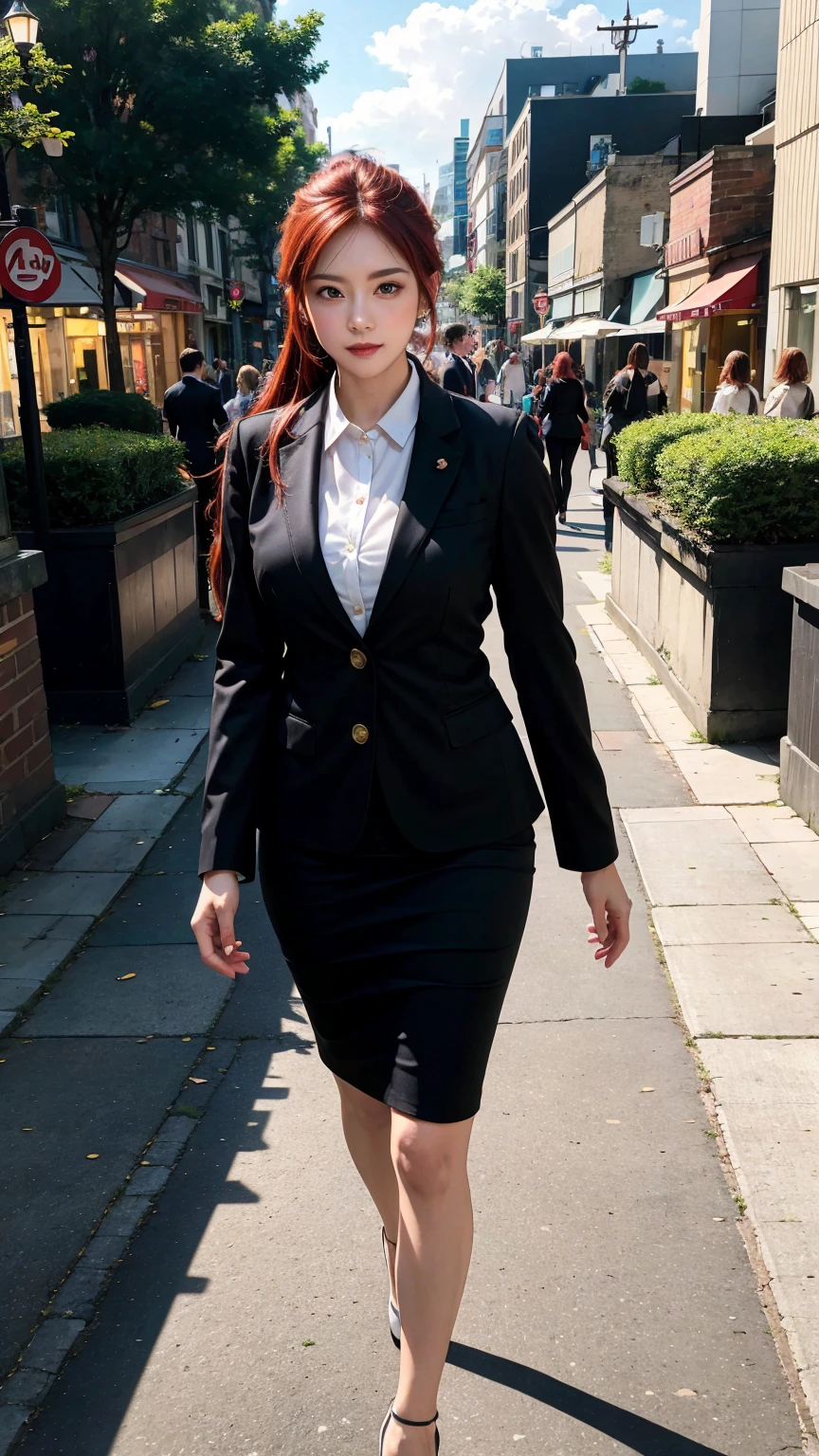(8k、RAW Photos、highest quality、masterpiece:1.2)、(Realistic、Realistic)、1 girl、((black suit、red tie、rub my chest、I can see your chest、View from the front、Stand with hands on hips、In the city))、