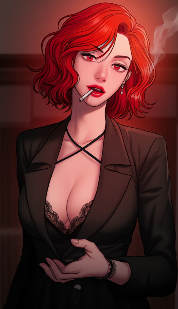 a beautiful pale woman (Beverly Crusher)with deep black hair, blood red lips, and sharp fangs, wearing a slinky black dress with a deeply plunging neckline, emerging from a mysterious fog in a 1950s bedroom, (best quality,4k,8k,highres,masterpiece:1.2),ultra-detailed,(realistic,photorealistic,photo-realistic:1.37),dramatic lighting, moody atmosphere, cinematic, highly detailed, dark fantasy, dark and moody, chiaroscuro lighting, dramatic shadows, hyper realistic, gothic glamour, alluring and seductive