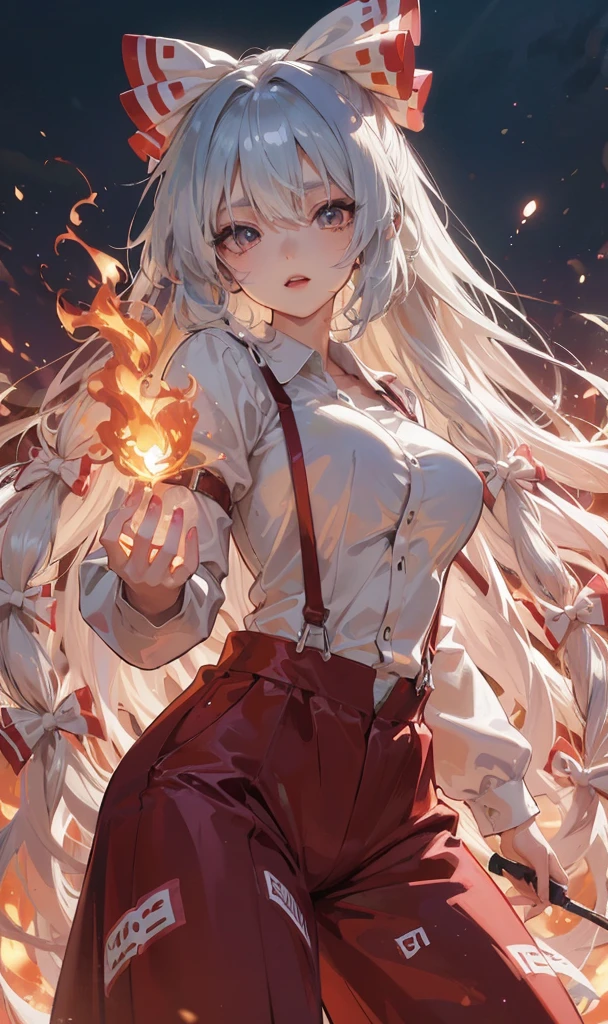 masterpiece, best quality, <lora:mokou:1>,moon,fire,1girl, very long hair, suspenders,cleavage,navel,swhite shirt,red pants,red eyes, white hair, bow,ribbon, hair bow, pants, hair ribbon,, multiple hair bows ,simple background,<lora:style03:1>