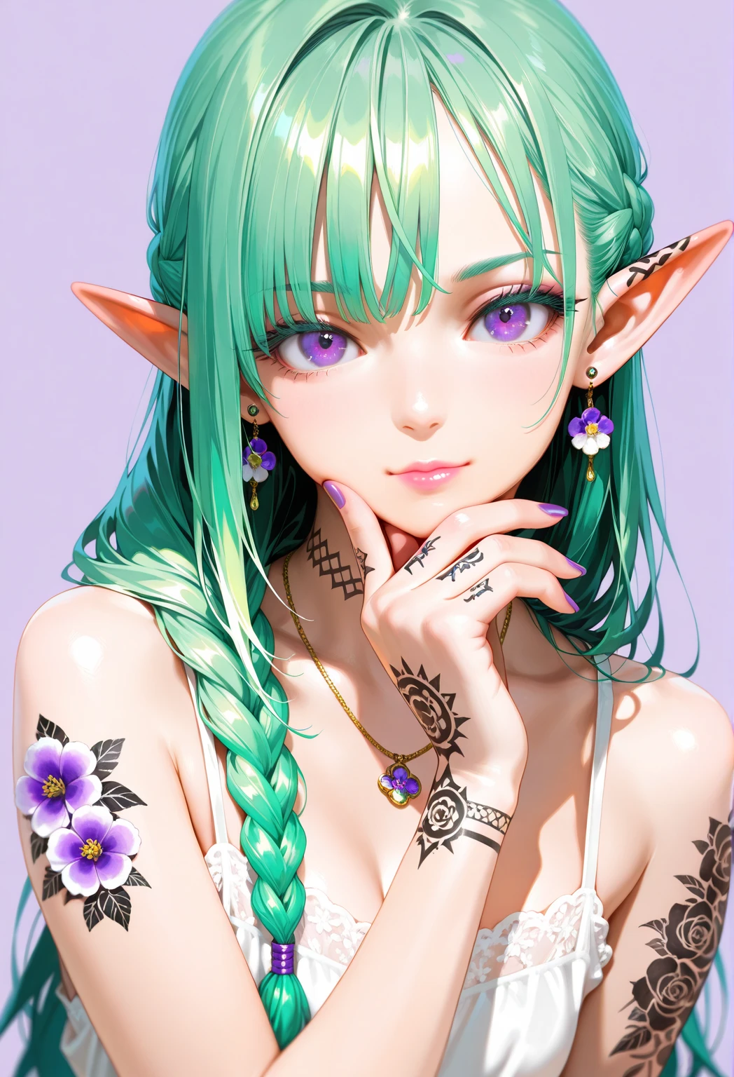  masterpiece,best quality,super resolution,realistic, 8K Ultra HD ,super detailed,depth of field,alone,1 Girl,and look at the audience, bangs,Green Hair,long hair,braid,The hair between the eyebrows,elf ears, Light purple background  ,simple background,purple eyes,Thick eyelashes,Gentle Gaze,微张双唇,Pink Lips,Jewelry,earrings, necklace,Arm tattoo, Neck Tattoo ,Hand tattoo ,Flower arm tattoo,spot color, summer dress ,Bare Shoulders,Delicate Fabric Wrinkles, Elegant posture ,Raise your hand,Purple nails,fingers placed on chin, neutral color ,