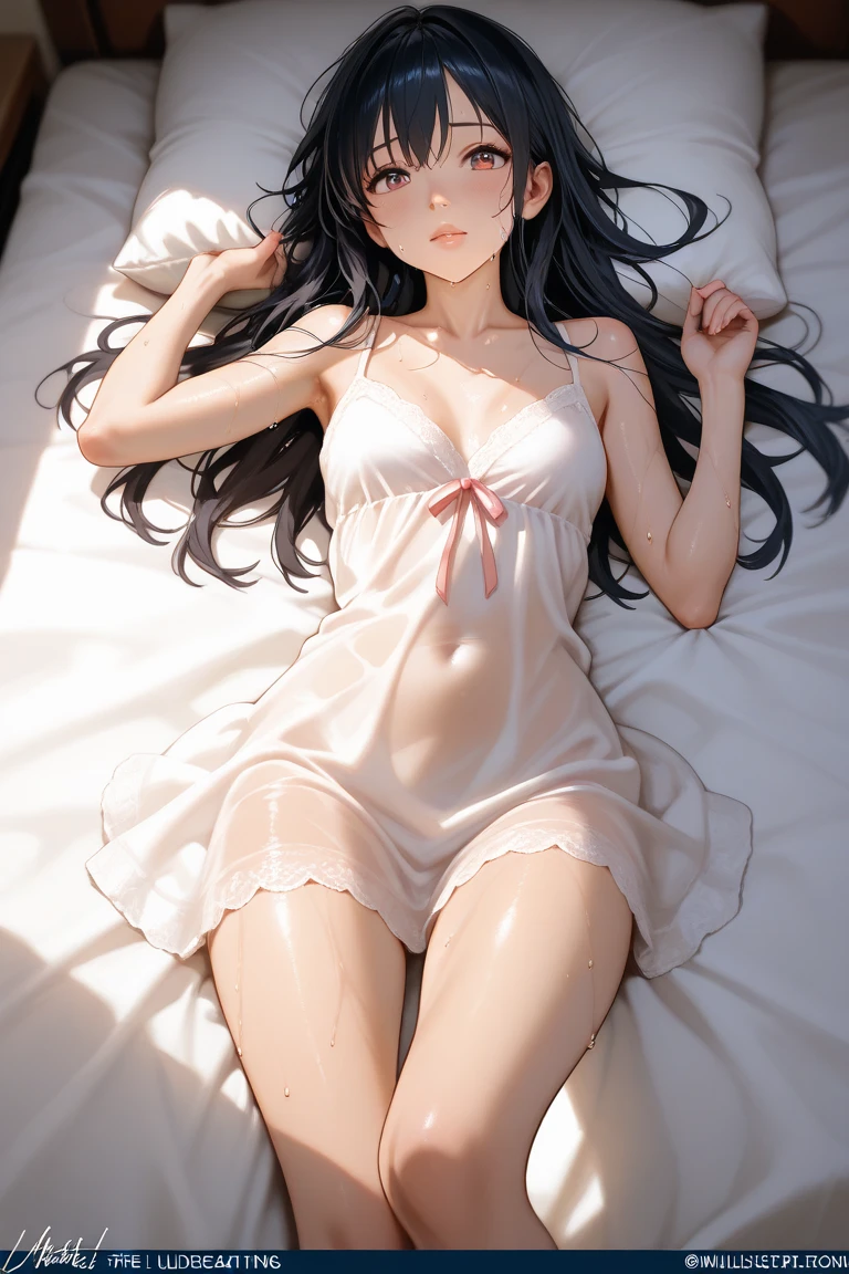 (Ultra-high resolution of the highest quality, masutepiece, Best Quality, 8K, Super Detail, Best Quality:1.3), (1 littlegirl), (:1.8), (smallbody), (tiny body), (kid), (flat chest), (slender body), (petite), drooping eyes, blush cheek, long hair, black hair, smile, blue eyes, ribbons, pink pajama, bed room, lying on back, front view, beautiful hair, (half closed eyes:1.2), cute face, (orgasm face:1.4), (erect nipples), (clothed), (Female masturbation:1.6), (touch pussy:1.6), (finger insert pussy:1.6)