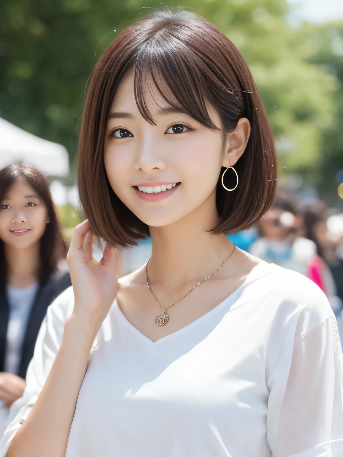 (masterpiece:1.3), (8K, Photoreal, Raw photo, best image quality: 1.4)、Cherry blossom viewing in the park、Japan beautiful office lady、29-year-old、medium-short hairstyle、cleavage:1.2、super detail face、pay attention to details、double eyelid、Big eyes、cute woman:1.4、light brown hair、highest quality、masterpiece、超A high resolution、(Photoreal:1.4)、denim pants、blouse、happy expression、Smartphone selfie style