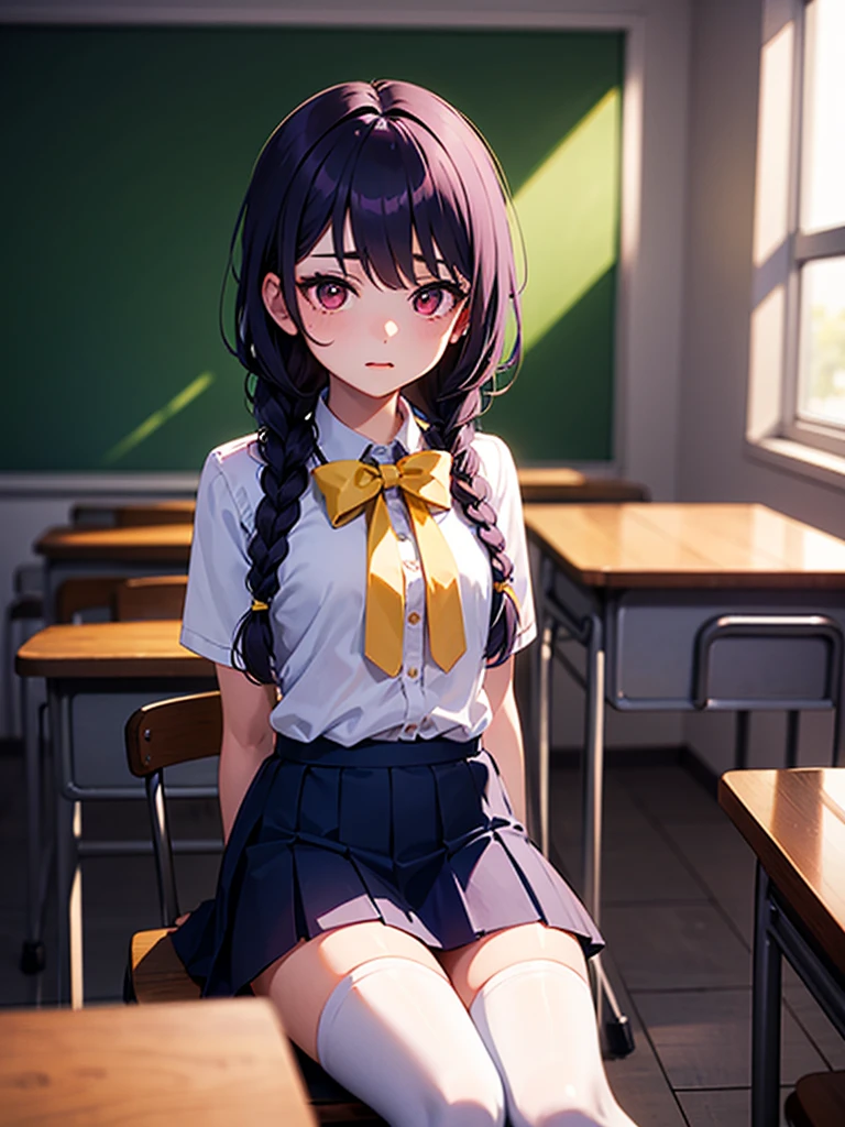(1girl, Alone, alone), (gundou misuzu, gundou_misuzu, black hair, black eyes, hair up, hair with bangs), ((Alone, (1woman, black eyes), extremely detailed, soft ambient lighting, 4K , perfect eyes, a perfect face , Perfect Lighting, the 1 girl)), ((fitness, , shapely body, athletic body, toned body)) , ((school uniform, dark blue cardigan, red striped tie, white dress shirt , black skirt, full skirt, blue socks, brown shoes, school, classroom, windows, garden, clouds, flowers, blue sky))