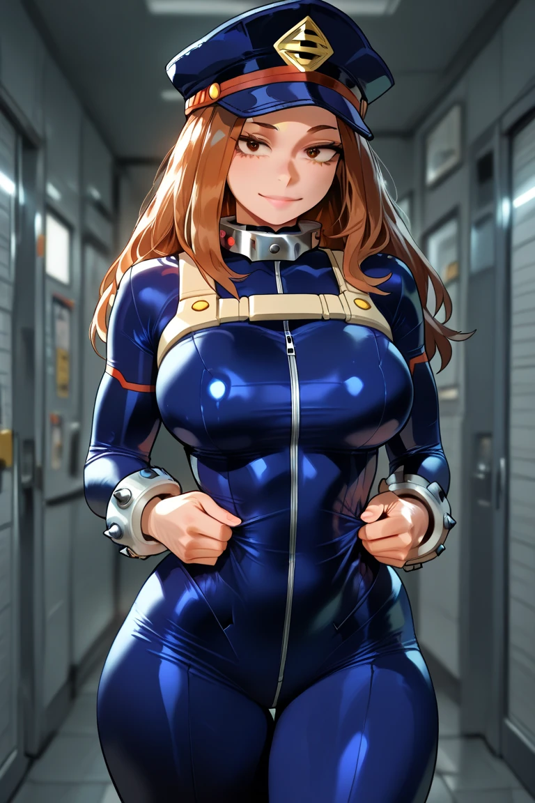 ultra detailed face, best quality, anime style, hires ((female biker), (slender body), mature woman, milf, (dark purple only, one piece, catsuit, half zipped, cover whole body, motorbike suit) victorious, gorgeous, winner, confident face, smile, (closed mouth), (pale skin, shiny skin, lighting and shadow), (big breasts, cleavage) (only one arm stretching),closed fists, (brown, long hair, curly bangs), 37 years old
