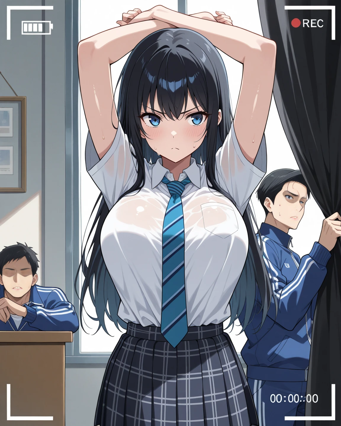 A woman with very long black hair and (very long bangs:1.5), wearing a stylish jacket and tight jeans, standing. The artwork is inspired by manga and incorporates a doujin style. The woman appears to be (wetting herself:1.5), which causes her to feel embarrassed and humiliated, resulting in a blush on her face. In addition, there is an air of anger in her expression. The lighting in the scene is moody, with a spotlight highlighting the woman's figure. She is crossing her arms, (arms crossed:1.5), fully showcasing her jeans., medium breasts