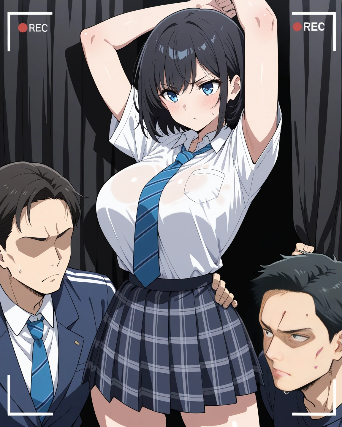 ((masterpiece,Highest quality:1.3,best quality illustration)),cowboy shot,独奏,1woman,16 year old beauty、black hair,short bob hair,bangs,black eyes,(gorgeous big eyes),((very small head:1.3)),sad,tears,((skinny:1.2)),((tan skin:1.4)),small breasts,(School student uniform、Short sleeve collared shirt、Blue ribbon tie、Blue mini skirt),gleaming skin,oily skin,slender body,sweat,standing,classroom、School、Tokyo、BDSM,nsfw,