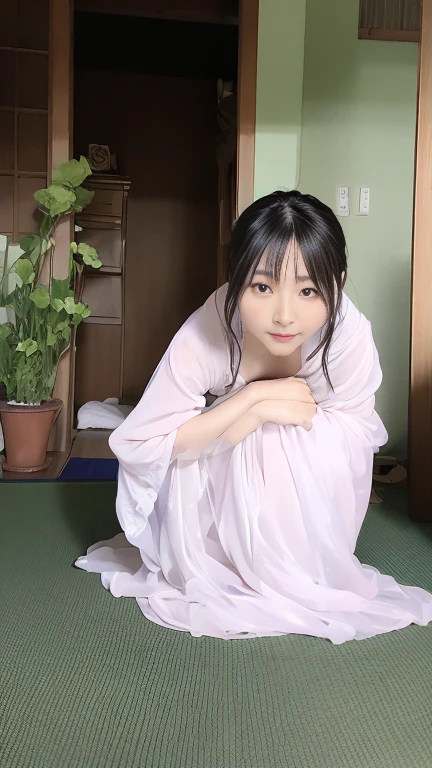 (Highest quality, 8K, Representative works in detail, Ultra-high resolution)), whole bodyポートレート、Frontal portrait、indoor、indoor、Japanese women,Age 25、barefoot、Stand up straight、whole body、whole bodyを撮影する、whole bodyの画像、whole bodyポートレート、profile image、coastal、Tatami room、Sitting、wear Kimono、Long Straight Hair
