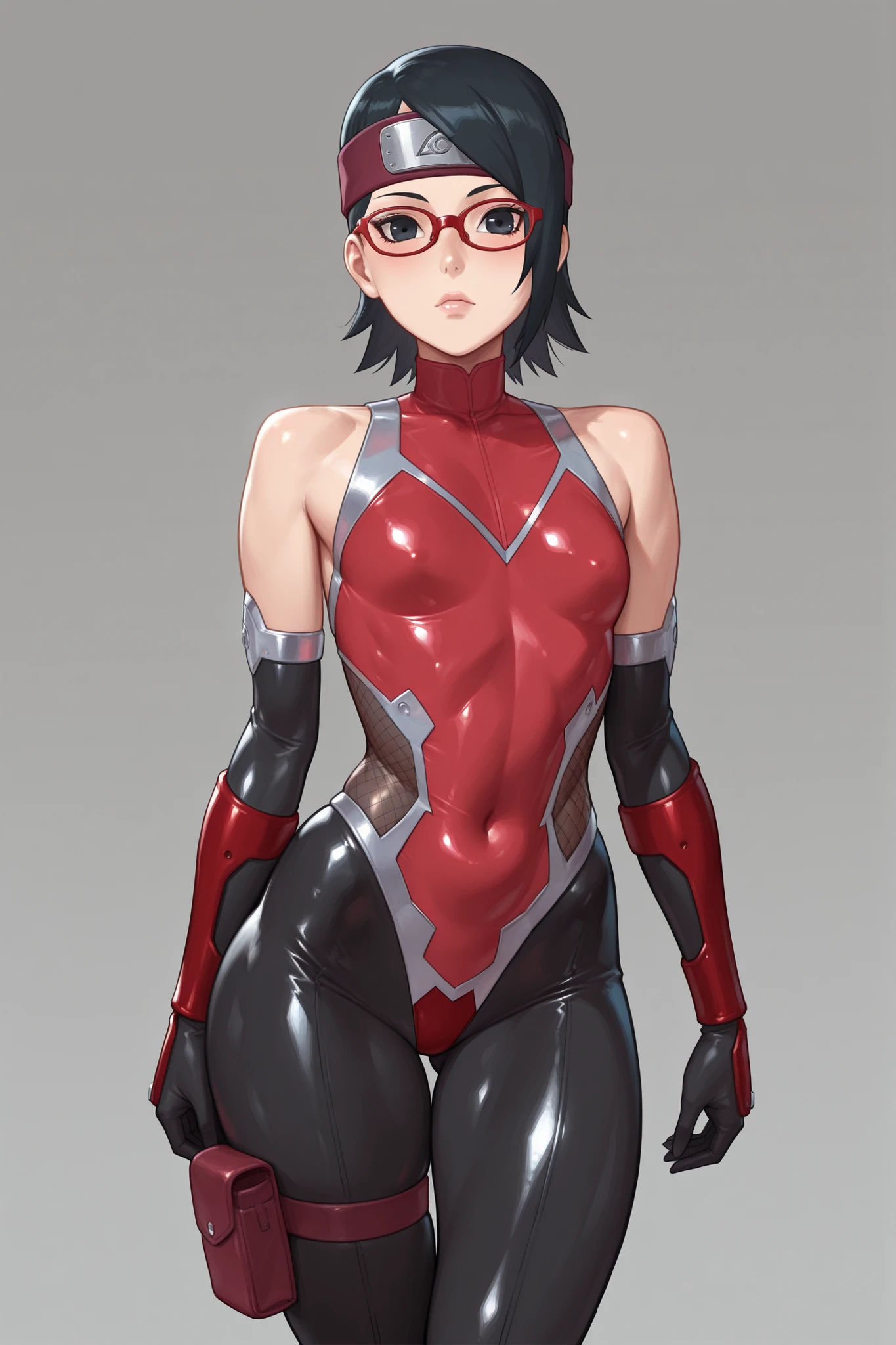 master piece, high quality, 4k uhd,hires,solo, Uchiha Sarada, black hair, slim_shoulders, black taimanin bodysuit, wide hips,, armored bodysuit, red armor, headband, thigh pouch, black eyes, red glasses,