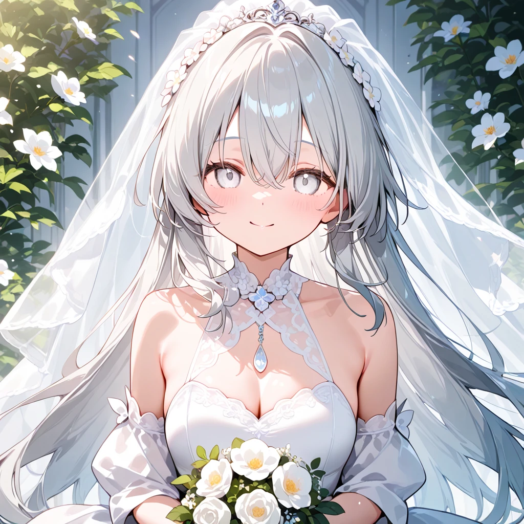 1 girl,Kasugano Sora, Sora,white pantyhose,wedding dress,white gray hair,long double ponytail,bridal bouquet,wedding veil