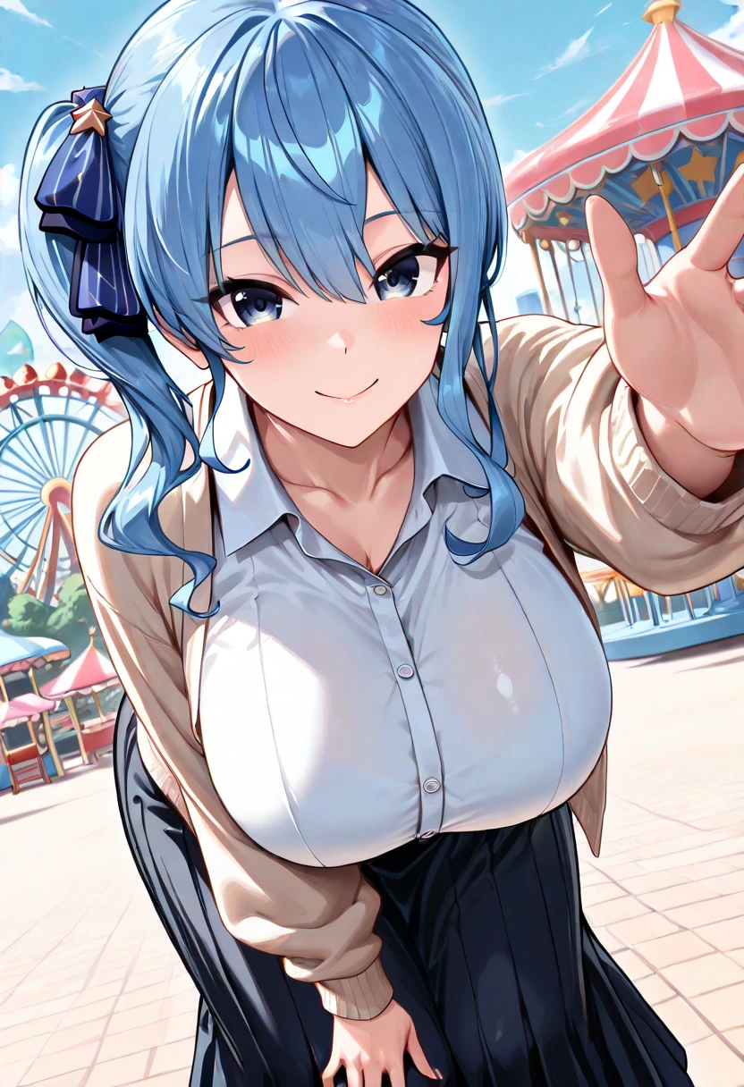 The chest is particularly large, schoolgirl, sailor school uniform, Japanese schoolgirl,
smiling, ((blushing)), close-up, pov, focused in face and chest, (Masterpiece, Top quality, Perfect anatomy, Beautiful face, Realistic, Super detailed, 1 girl, 18 Ears of Old Age solo, Depth of field, Canon 24mm lens, F1.4, Cute_Girl, neck choker, Clear facial features,, ((large breasts)), ((huge breasts)), ((bouncing breasts)), Slender height, 180cm tall, Barefoot, short light blue hair, blue eyes , Gravure pose, indoor, city park Blurred background, (uwabaki: 1.1576),