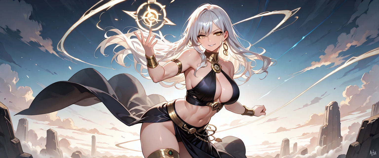 最high quality、Best image quality、masterpiece、With a girl((18-year-old、Best Bust、Large bast、Beautiful golden eyes、Spread your chest wide,Grey long hair、Slender、Big Valley、Gold Bodysuit,Show the whole body、Open your arms、Gold ring on wrist、手からlightningを放つ))high quality、Beautiful art、background((Night Sky、Black Cloud、lightning、violent thunder、Lightning strikes、Red Thunder、青いLightning strikes、Gold Thunder)))Tabletop、Visual Arts、Depth of written boundary、Night Sky(showoff breasts:1.6).(showoff nipple:1.3).(huge breasts:1.9)
