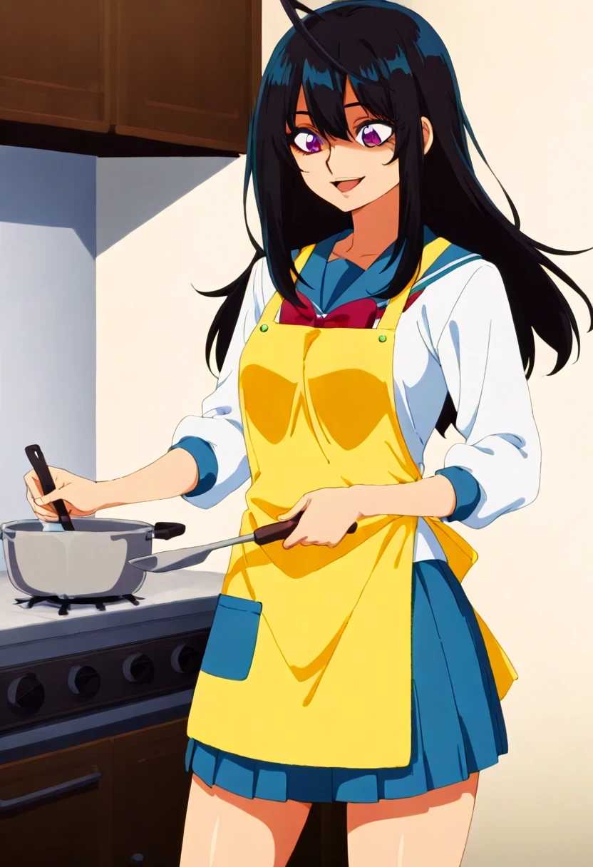 (1girl:1.5),
masterpiece,highest quality,Super detailed,32K,High resolution,an extremely delicate and beautiful,Official Art,Perfect Anatomy,
(Contrasting colors,octane rendering,Fully painted,anime coloring,anime screencap,Cel-shaded anime,retro artstyle:1.1),
perfect face,ultradeTailed eyes,beautiful,sexy,supermodel,athletic body,shiny skin,Dramatic light,(scale to fit the dimensions:1.2),((slightly narrow eyes:1.3)),
yonagi_kei,purple eyes,black hair,long hair,ahoge,school uniform,serafuku,red bowtie,white shirt,long sleeves,pleated skirt,
 (apron), cooking, kitchen,smile,open mouth,