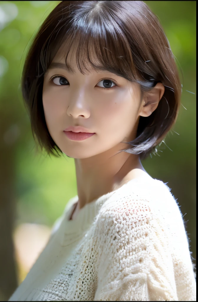 (highest quality, 8K, 32K, masterpiece, UHD:1.2),Photos of cute Japanese women, big breasts, very short bob hair,Upper body,face focus,extra large size_sweater, necklace, background, From above, looking at the viewer,