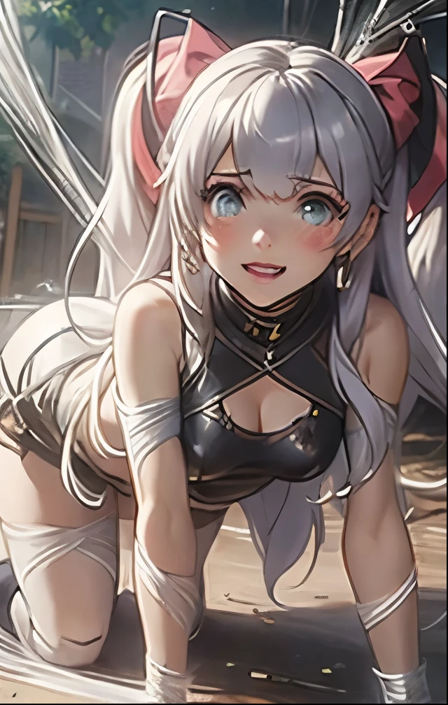 (((SFW、Highest quality、 first class masterpiece 、 Normal Body 、32k、 detailed face 、super precise、 normal hand、5refer to、Highest)))、Miles、mile、Adele von Ascham、Beautiful Girl、 Silver Hair、twin tail、Glowing Hair、beautiful breasts、slender、 slim、Petite、 can be used、Ripped and tattered navel high leg costume、large amount of thick thread、Get caught in a spider web、Swallow、spread your hands spider web bondage、spread both legs and spider-string bondage、on all fours、Desperately escaped while worrying about the back、Frightened、fear、blushing and watery eyes、Puzzled、Giant creeping spider
